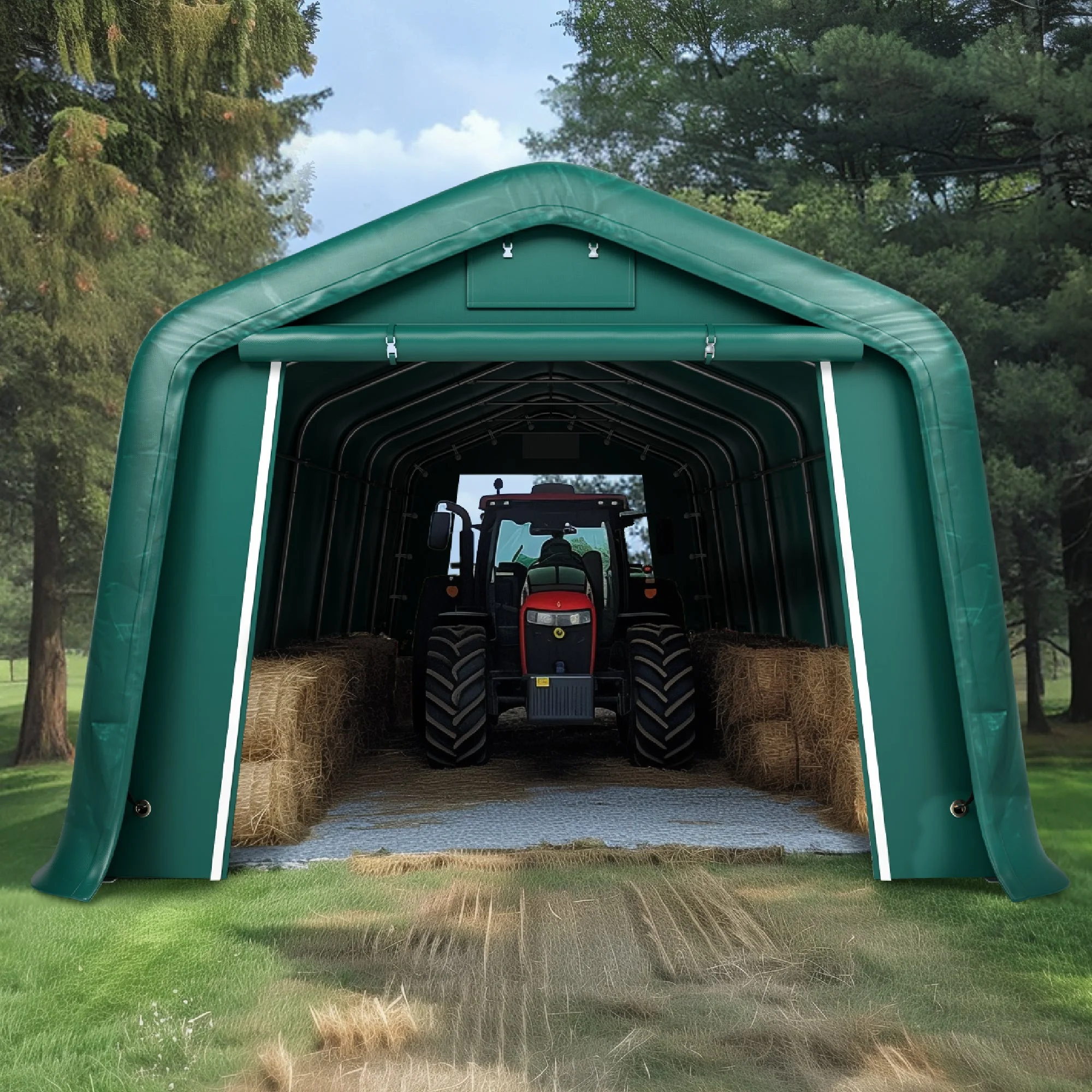 Summit Living 11 x 24 x 8.4 FT Green All-Weather Outdoor Portable Storage Shed, Steel Peak Style Canopy Carport, Agricultural Storage Shelter Tent