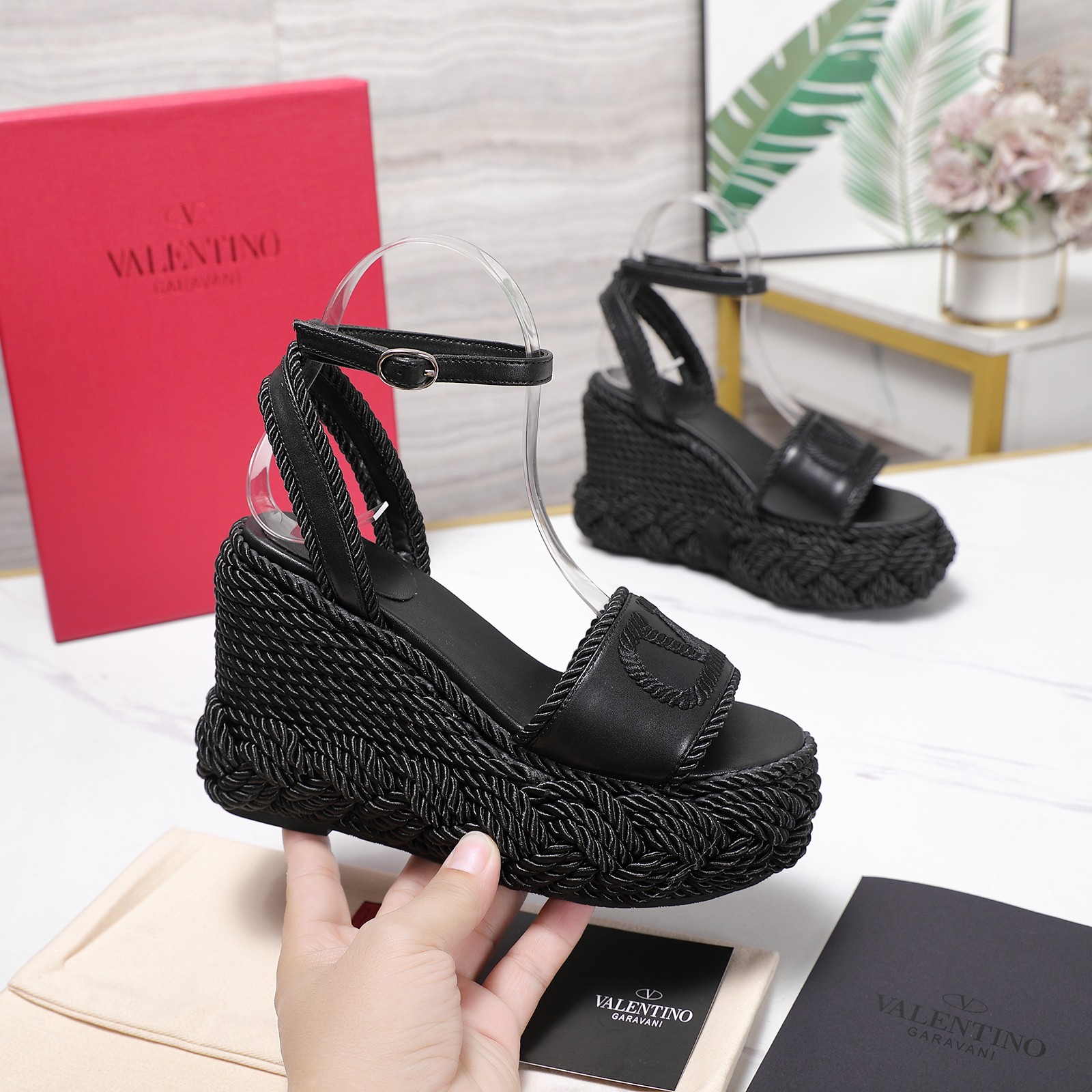 Valentino Garavani Black Smooth Leather VLogo Embroidered Platform Jute Wedge Espadrille Sandal Heel
