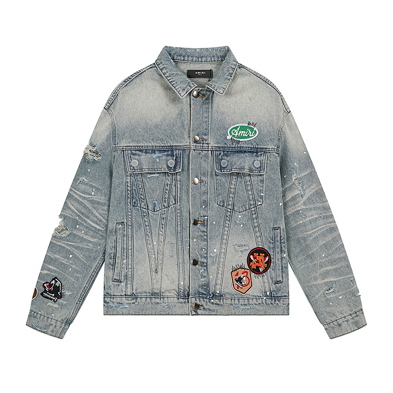 Vintage and retro distressed watercolor-printed denim jacket