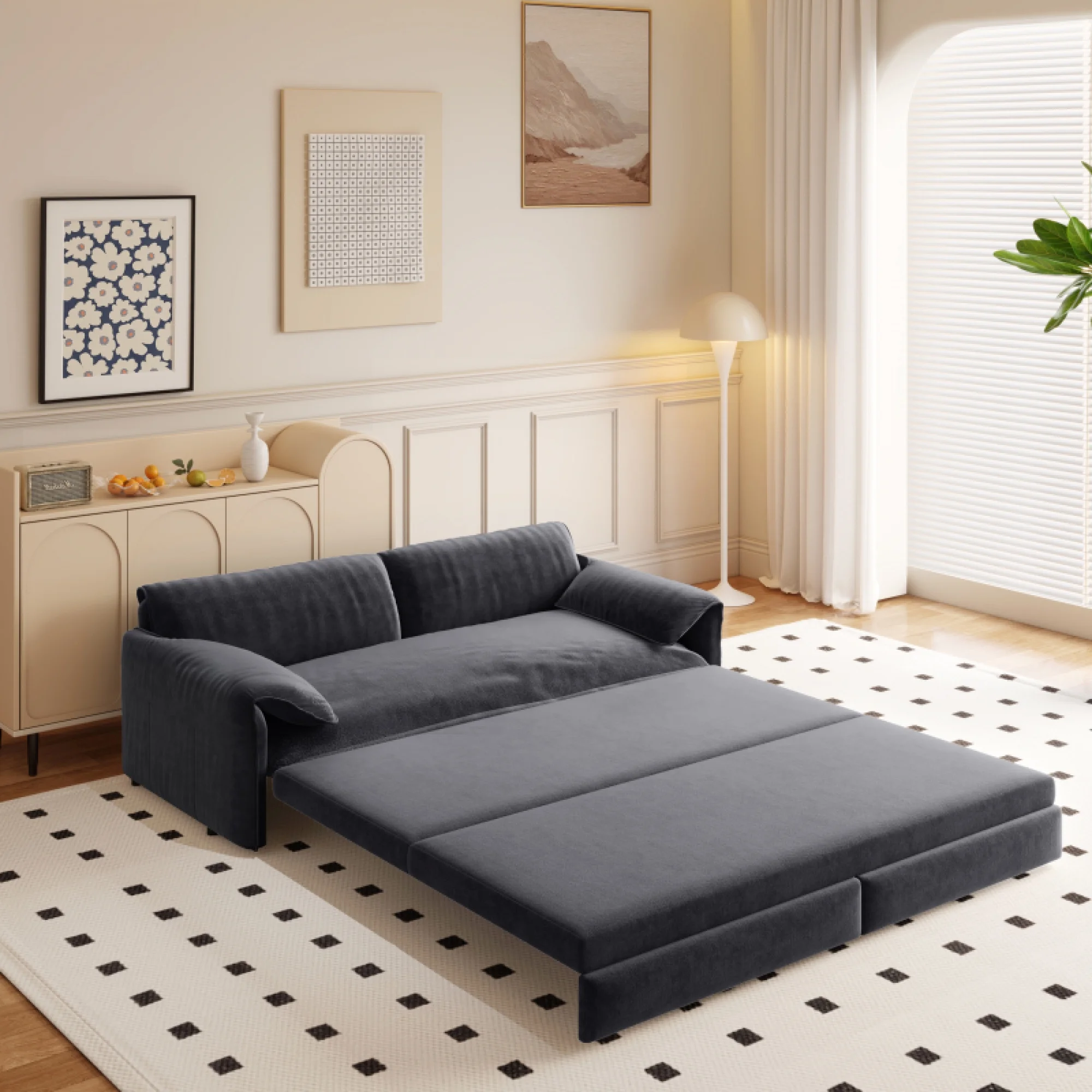 66" Queen Pull Out Sofa Bed, 3-in-1 Convertible Sleeper Sofa with Side Storage,Multi-Functional Velvet Loveseat Bed for Living Room,Bedroom,Apartment,Office