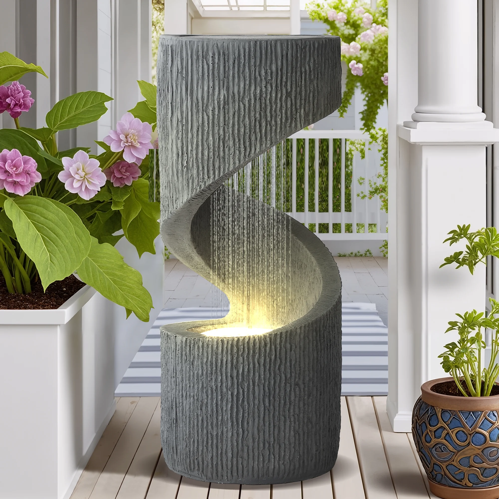 Magic Union Outdoor S-Shaped Water Fountain, Spiral Waterfall Indoor Fountain Outside Garden Decor with LED Lights & Pump, Curved Patio Resin Fountains for Yard, Deck, Porch and Home Decorations