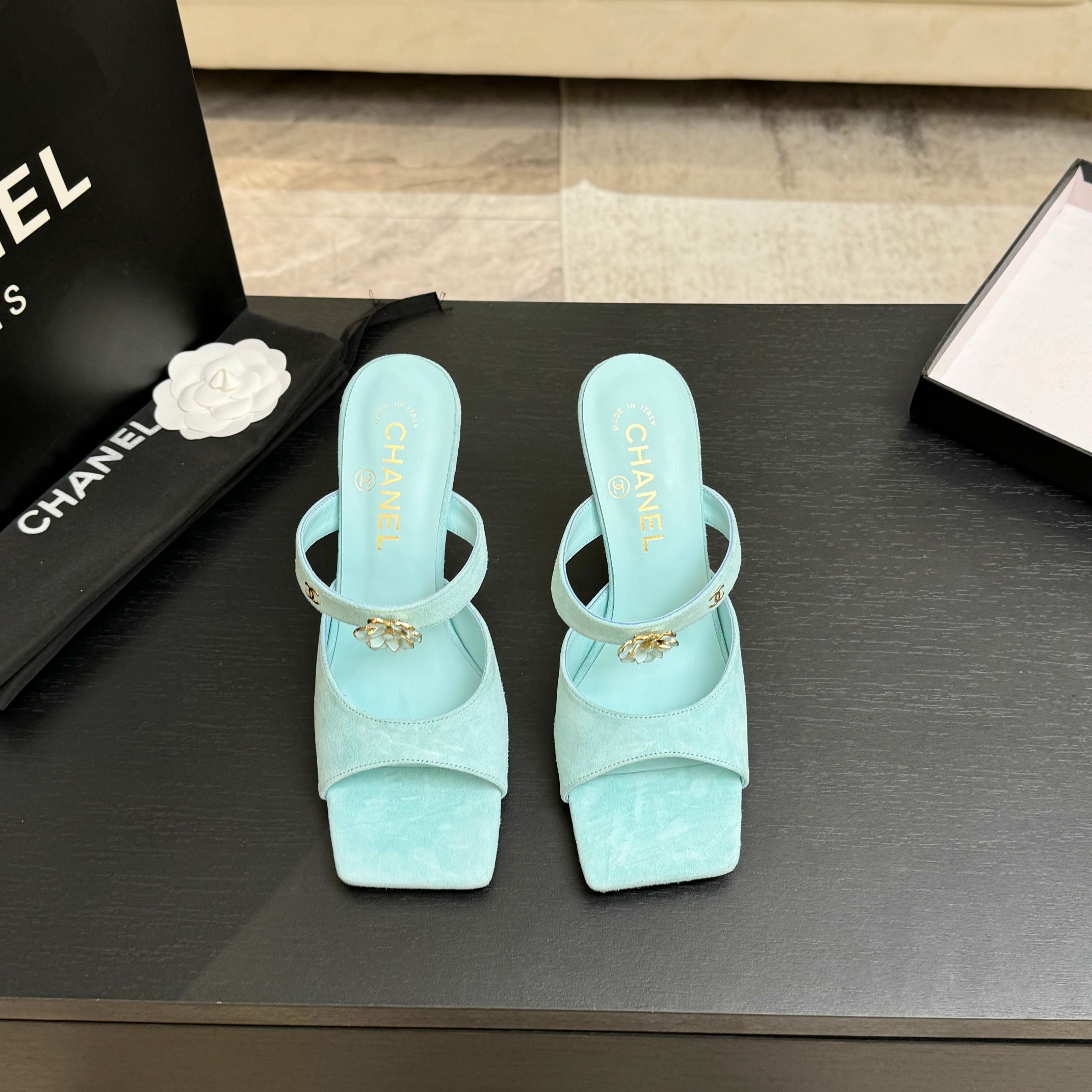 Chanel 26K Mint Green Camellia Buckle Suede Leather Square Toe Sandals Mules Heels