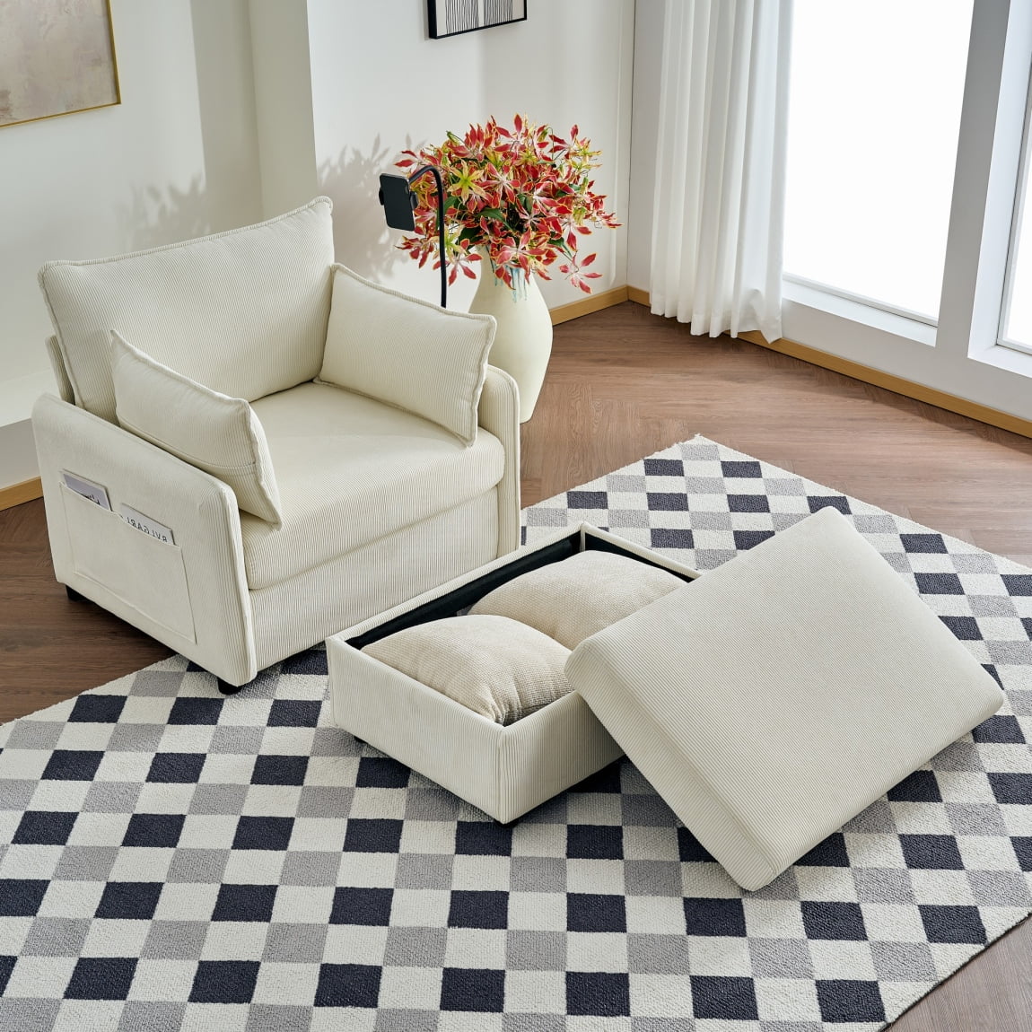 55" Oversized Chaise Lounge Chair with Storage Ottoman & Built-In USB Ports, Corduroy Upholstery, Deep Seat & Pillows for Living Room & Bedroom, Beige (450 lbs Capacity)