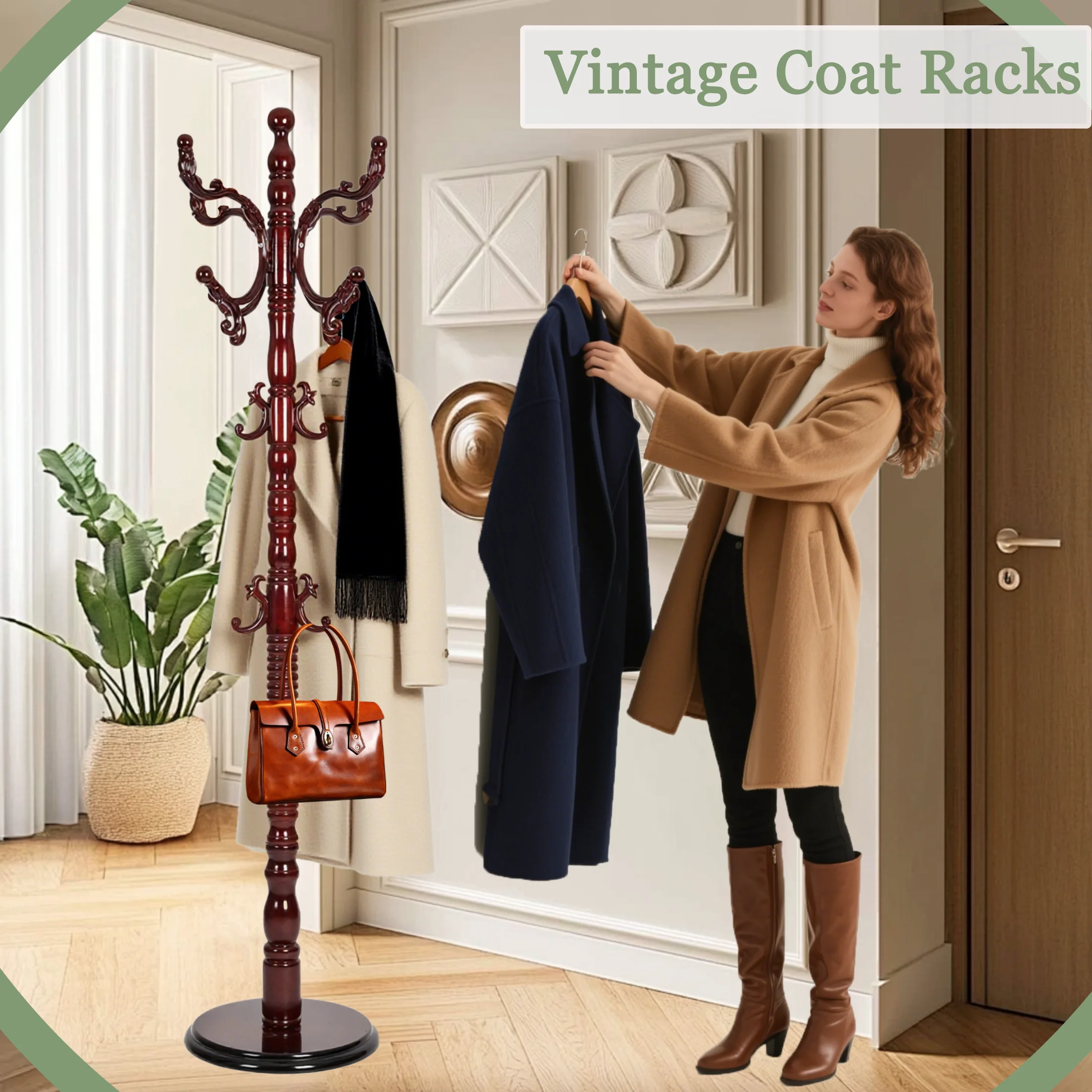 swing 73" Wooden Coat Rack Stand,Coat Racks Freestanding With 14 Hooks And Solid Round Base Heavy Duty Adjustable Height Hall Tree Coat Rack for Entryway Hallway Foyer Office Bedroomf
