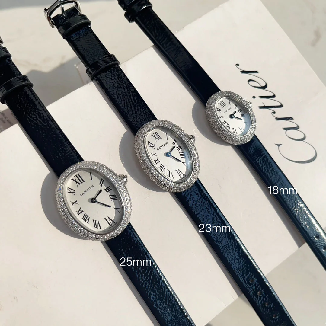 Cartier Watch Baignoire Silver Diamond Case Black Leather Strap