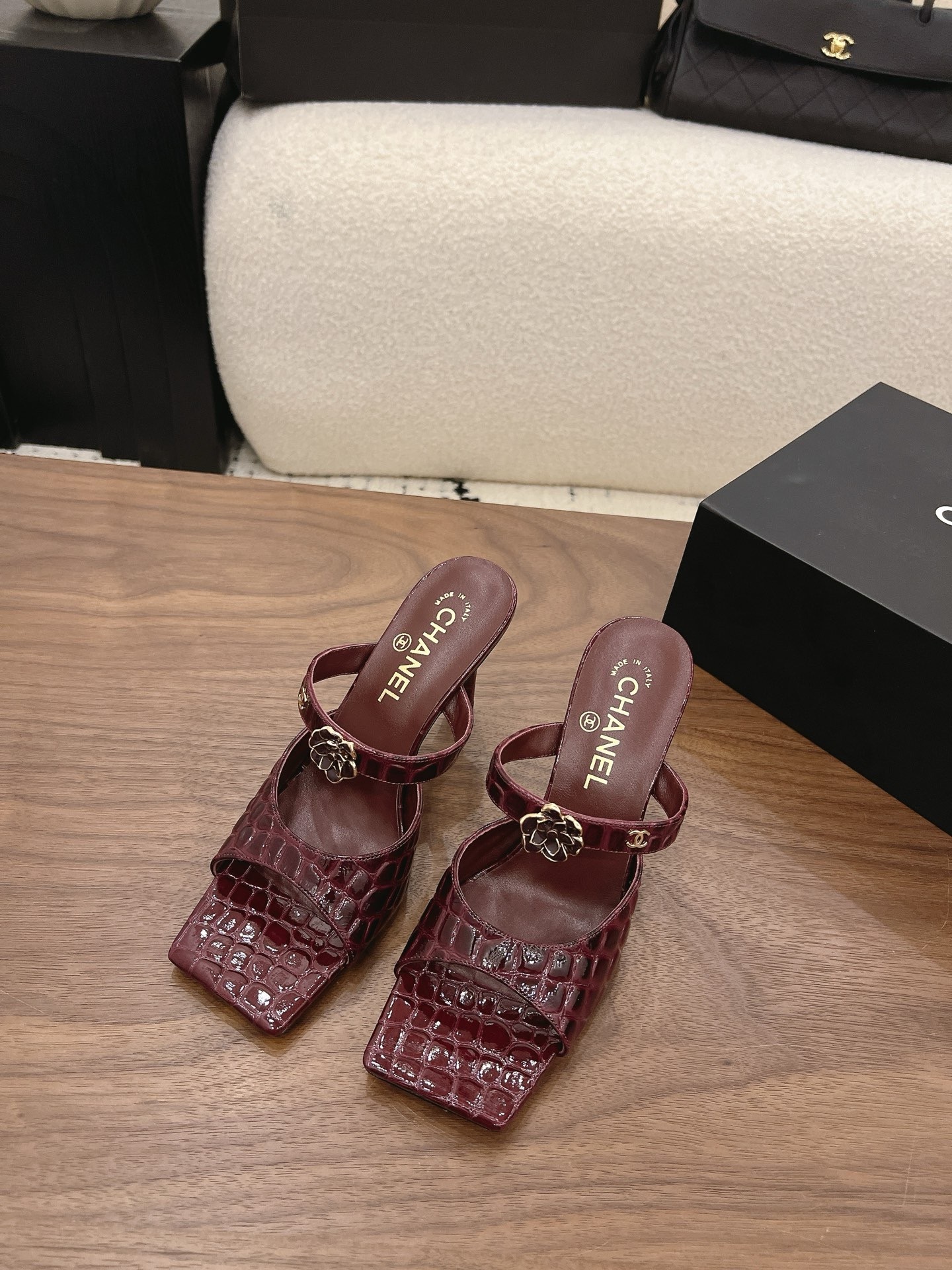 Chanel 26K Burgundy Camellia Buckle Croc-Embossed Leather Square Toe Sandals Mules Heels