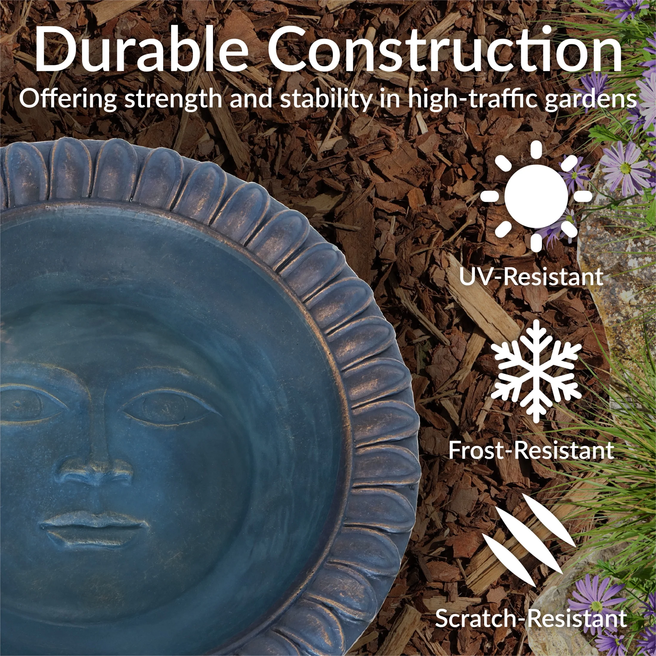 Sunnydaze Facade du Soleil Freestanding Glass Fiber Reinforced Concrete Outdoor Bird Bath, Blue