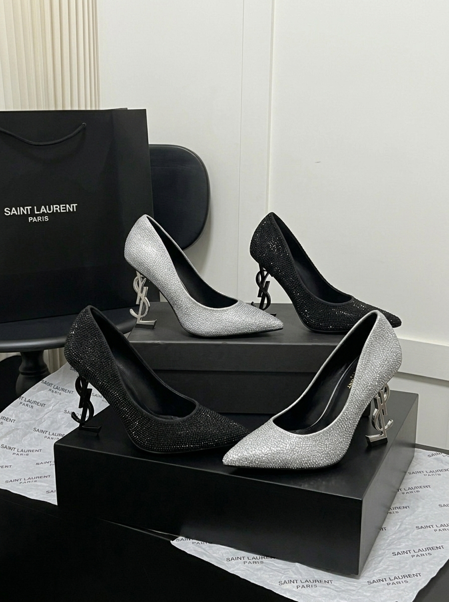 YSL Opyum Full Crystal Leather Silver & Black YSL Logo Pointed Toe Pumps High Heels