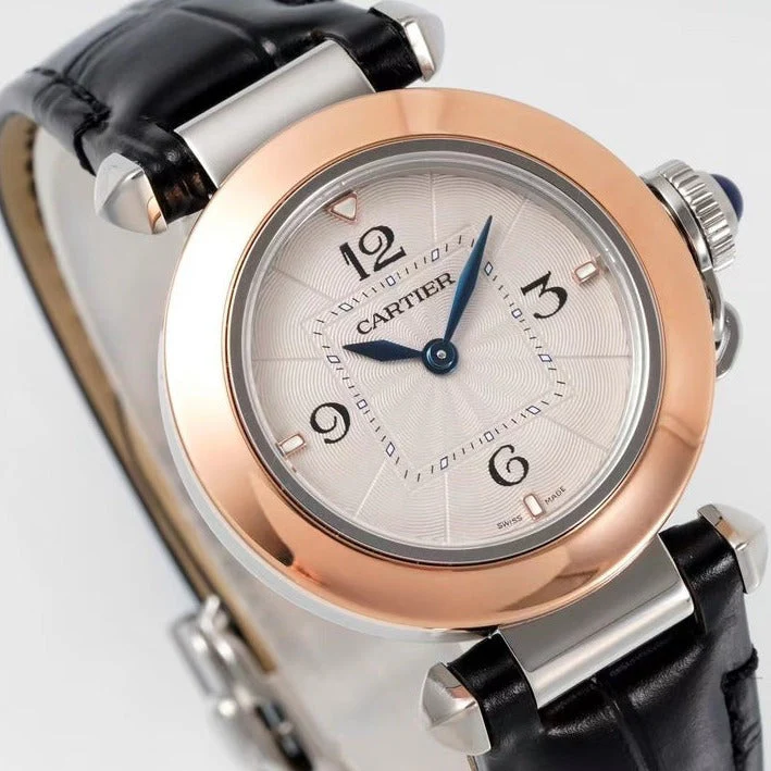 Cartier Watch pasha 30mm quartz pink gold white dial black leather