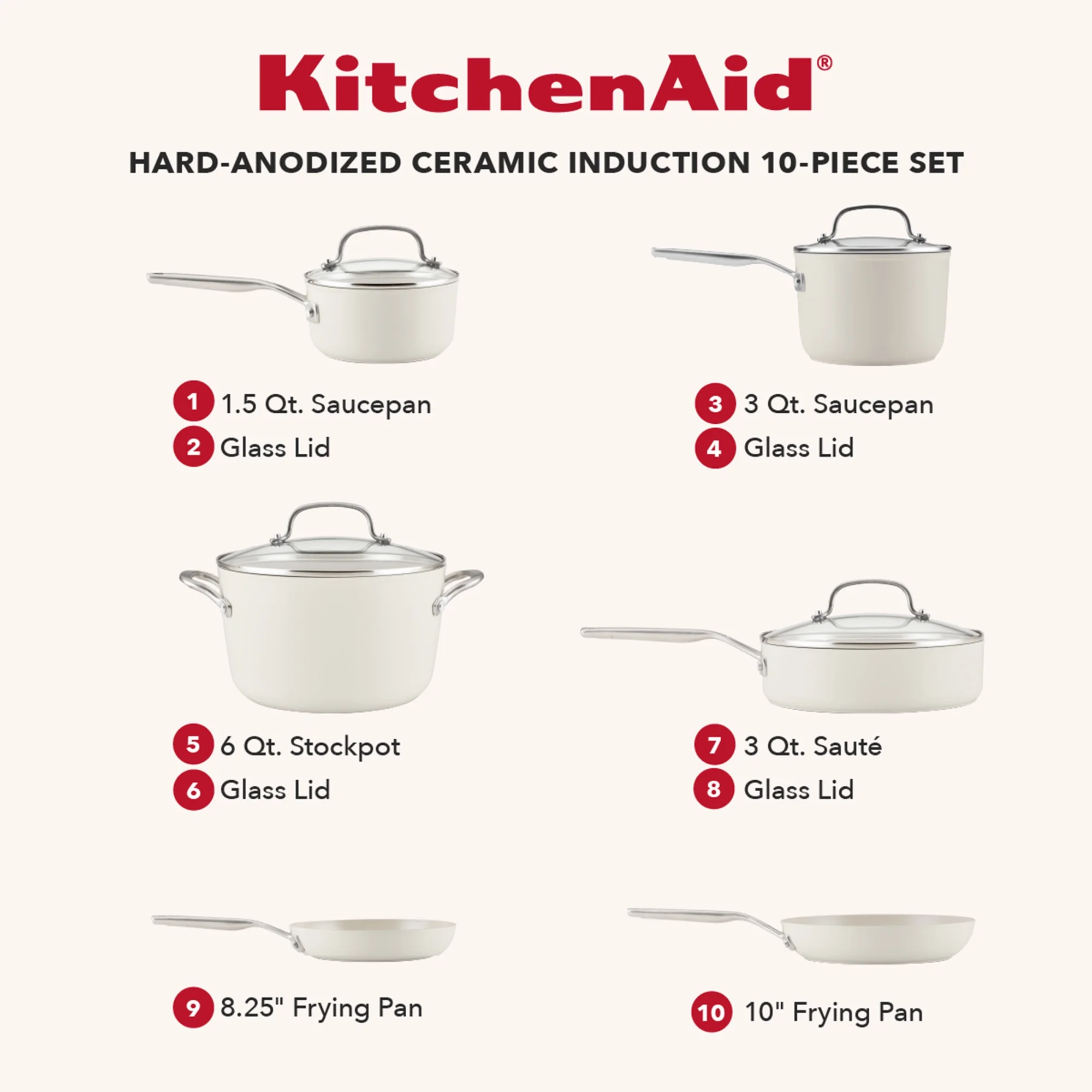 KitchenAid Hard-Anodized 10 Pcs Ceramic Induction Cookware Set, Dishwasher Safe and Oven Safe to 500?F, Porcelain White
