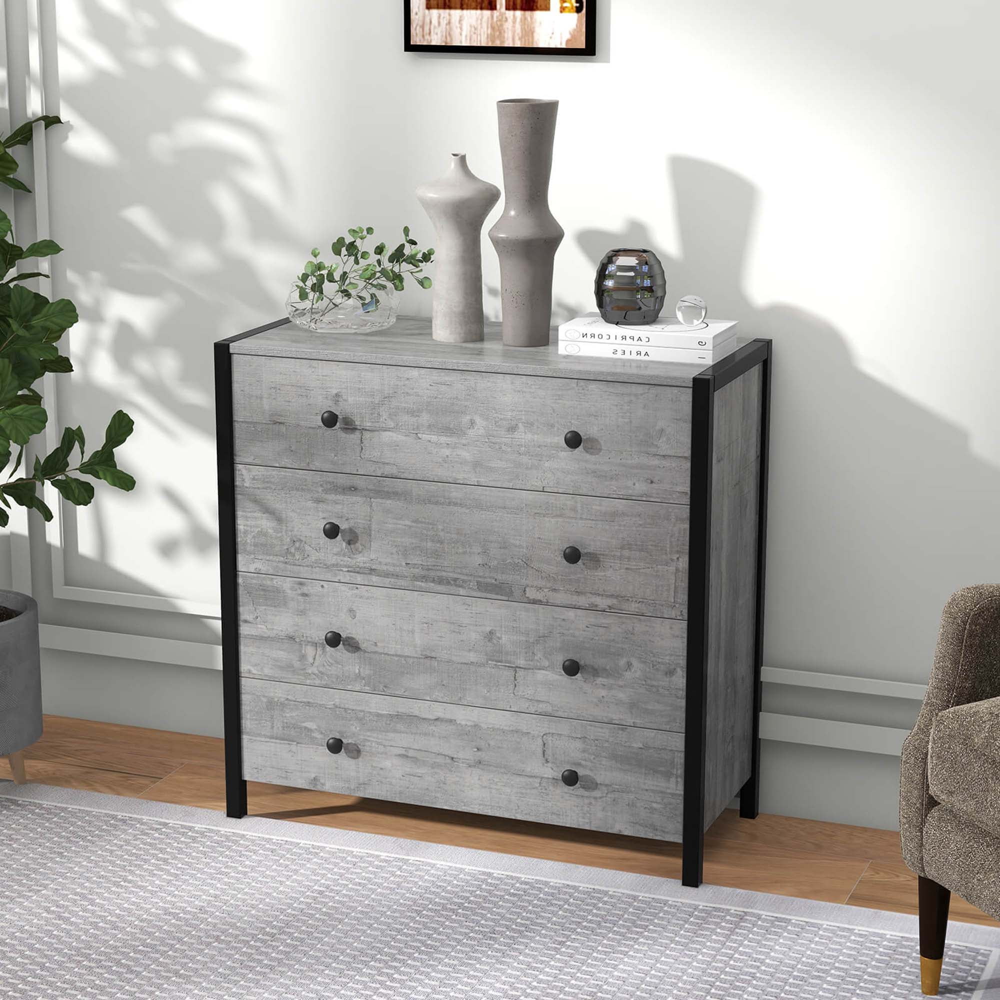 Costway 4-Drawer Dresser Modern Chest of Drawers Wooden Storage Dresser Grey