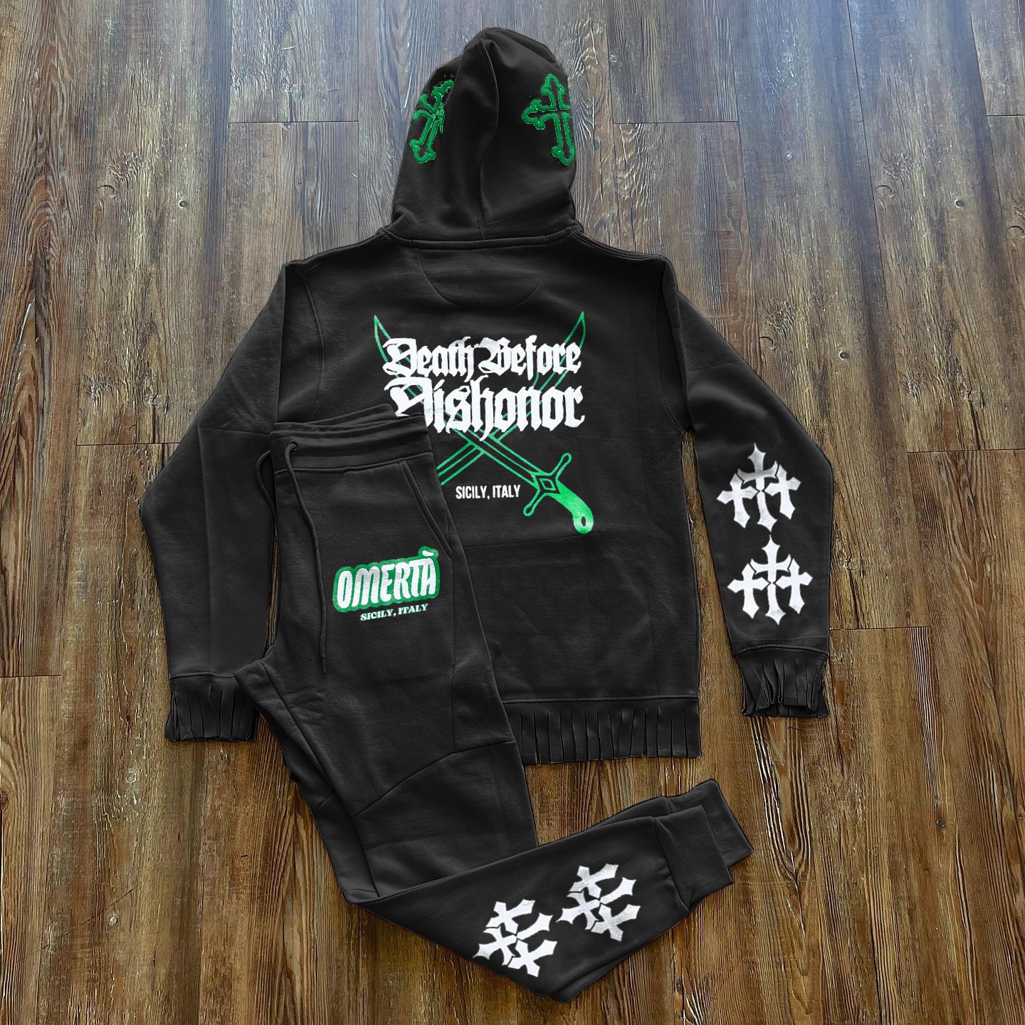 Branded street hip-hop fringe hem hoodie set