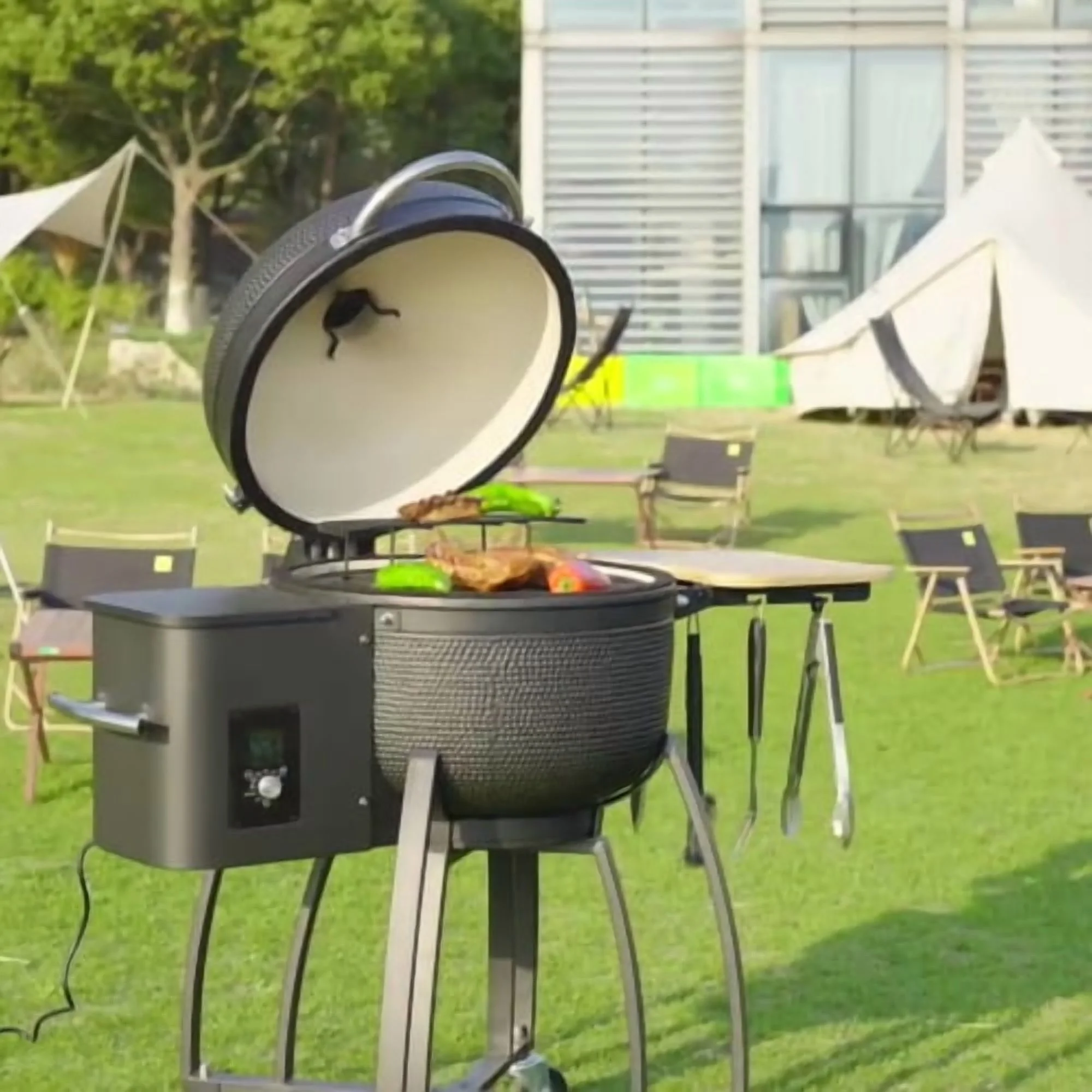 MADETEC 24" Ceramic Pellet Grill with 19.6" diameter Gridiron Double Ceramic Liner 4-in-1 Smoked Roasted BBQ Pan-roasted for Outdoors Patio,Black