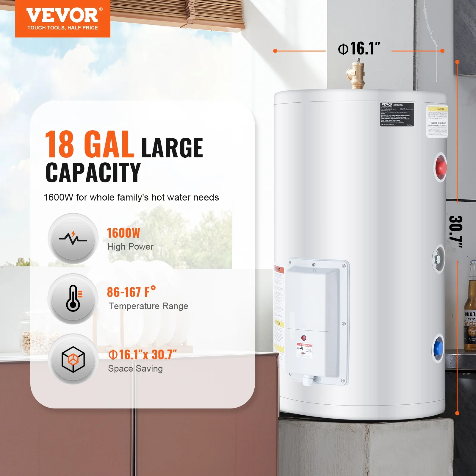 VEVOR Electric Water Heater, 18 Gallon Tank Instant Hot Water Heater, 1.6Kw Tankless Water Heater w/ LED Display,Knob Control, IPX4 Waterproof Side Connection On Demand Heaters for Shower, Bath