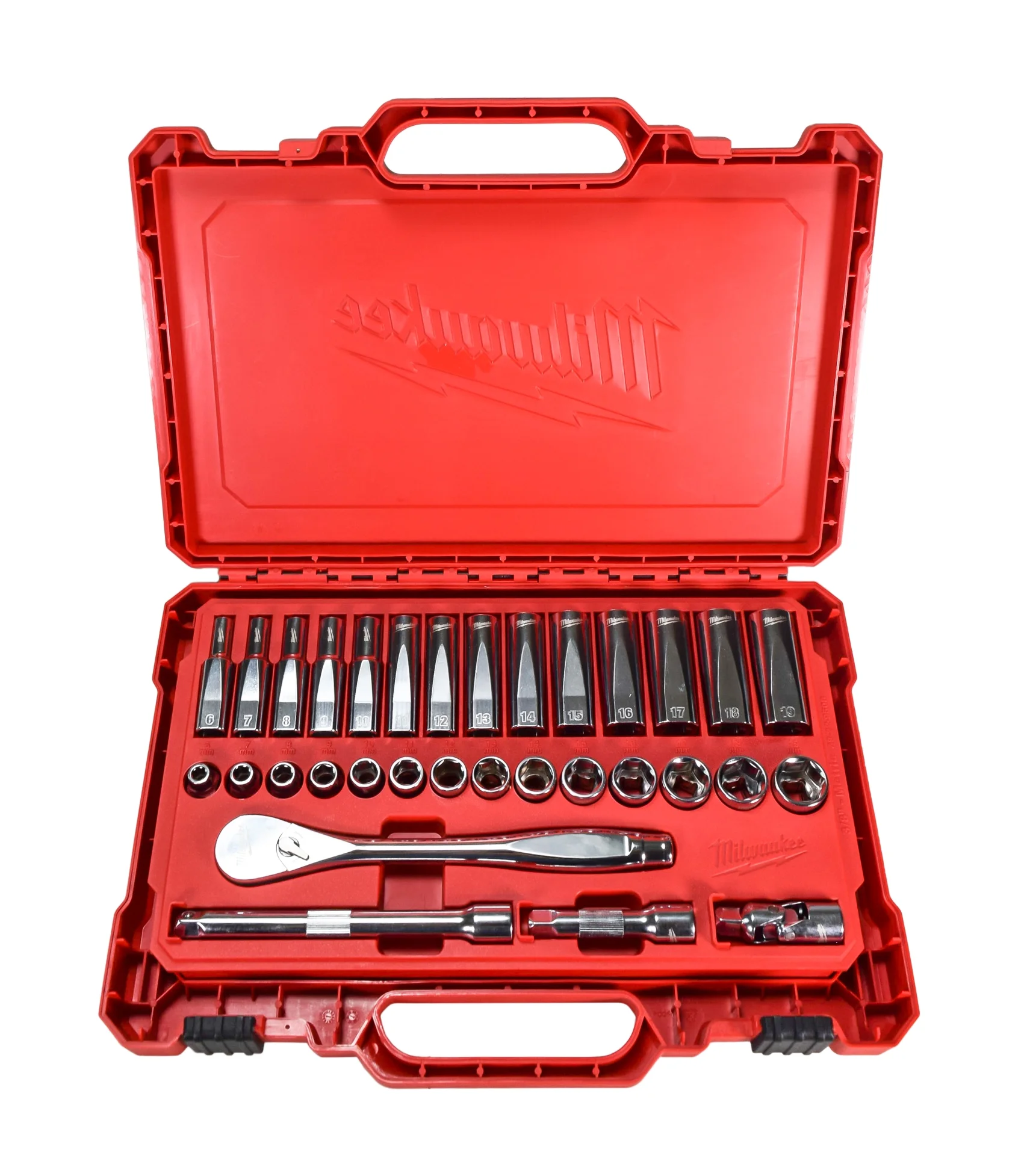 MILWAUKEE 32-Piece Metric 3/8 in. Drive Ratchet & Socket Set C Slim Profile, 90-Tooth, Deep & Standard Sockets (48-22-9508)