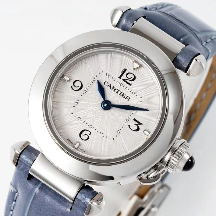 Cartier Watch pasha 30mm quartz stainless steel white dial cloud blue leather