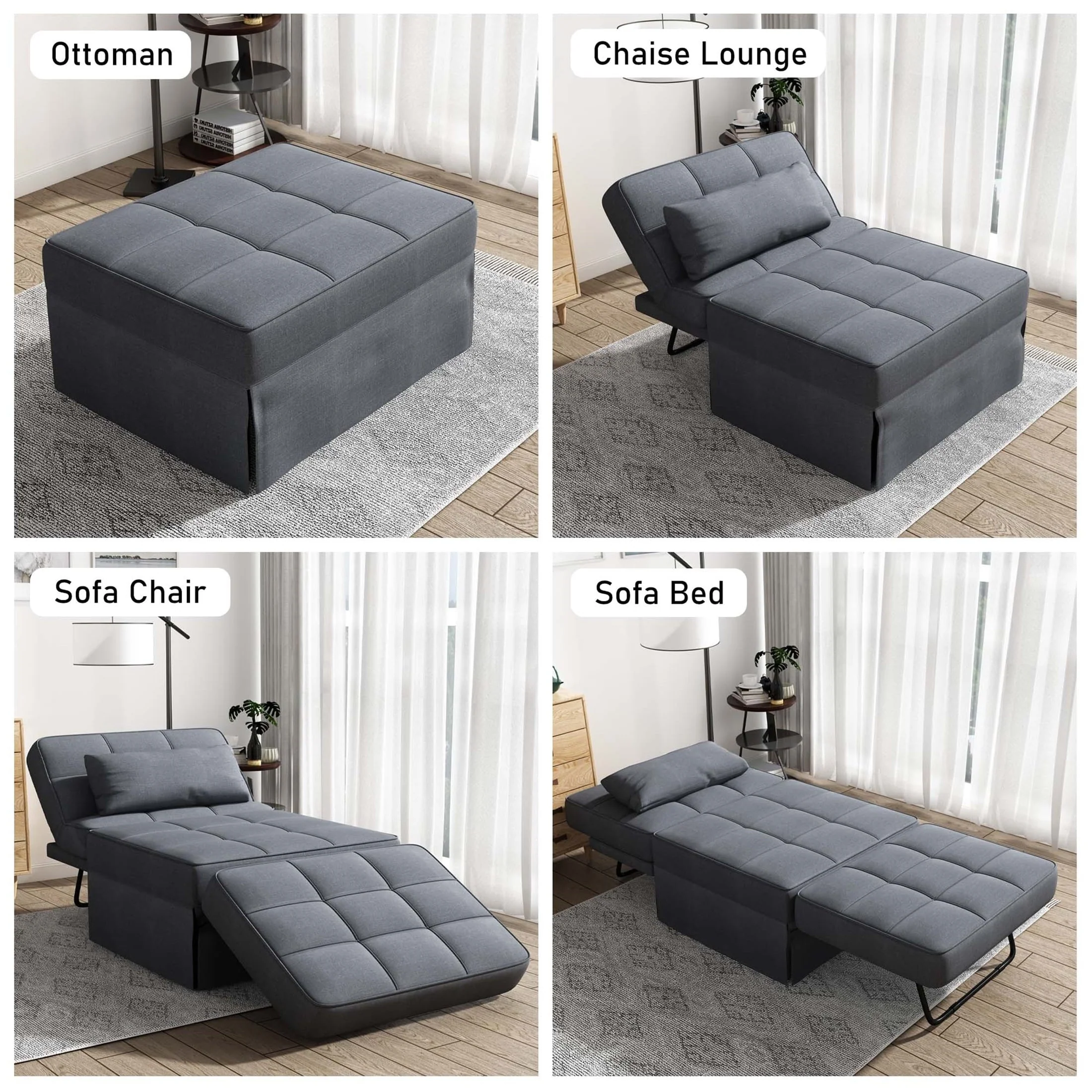 Aukfa 36" Wide Folding Chaise Futon Convertible Sofa Bed, Ottoman, Adjustable Backrest, Linen, Gray