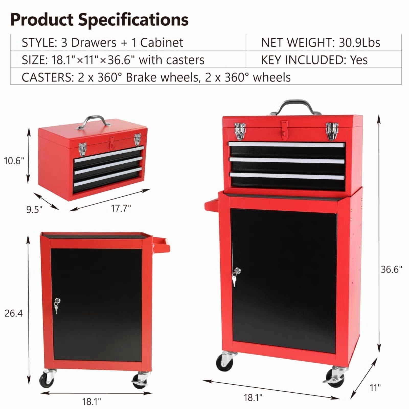 3-Drawer Rolling Tool Chest with Wheels C Heavy-Duty Storage Cabinet, Locking System, and Adjustable Shelf for Garage and Warehouse