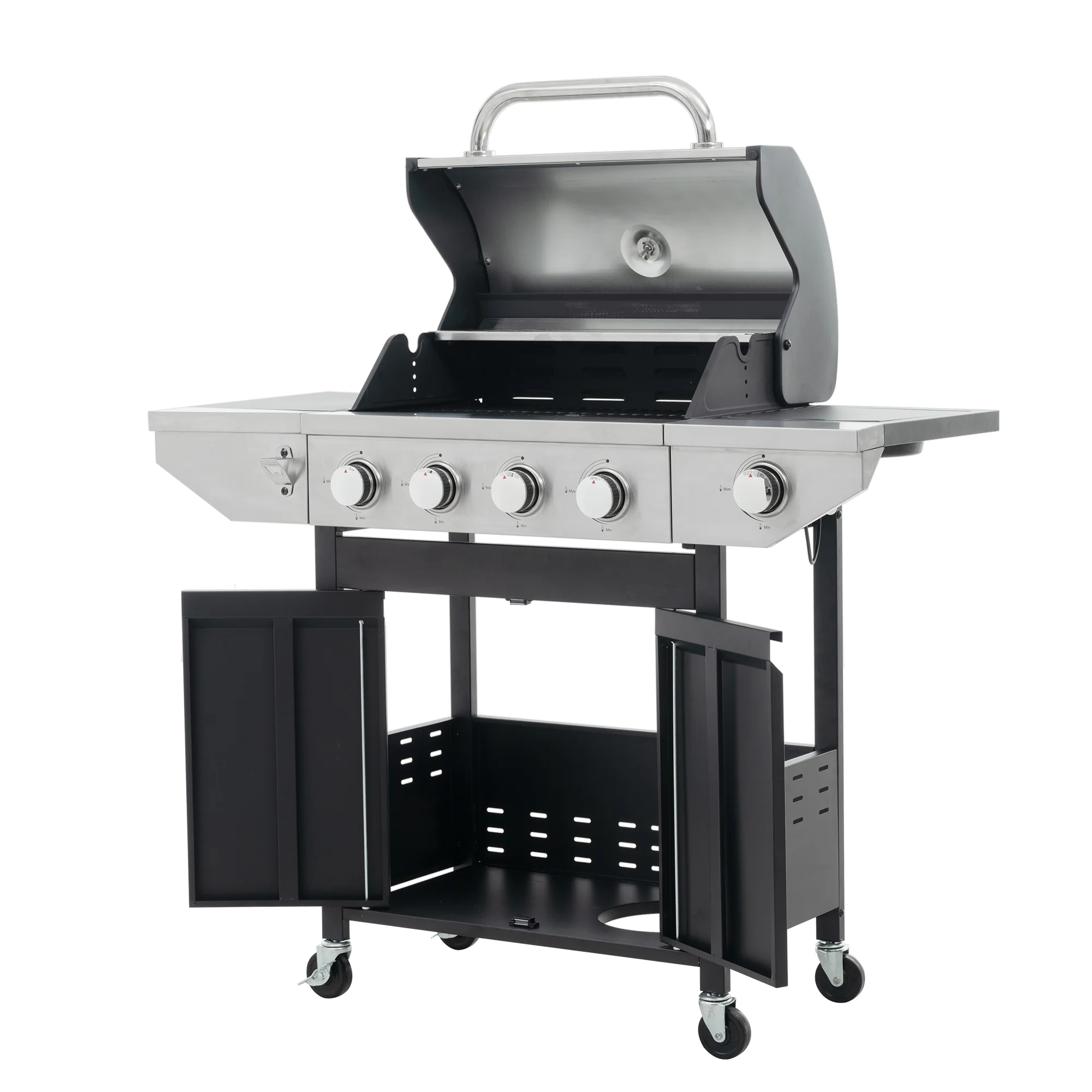 Propane Gas BBQ Grill with Side Burner 42,000 BTU Output Stainless Steel 4-Burners for Outdoor Cooking Kitchen Patio Backyard Barbecue, Silver