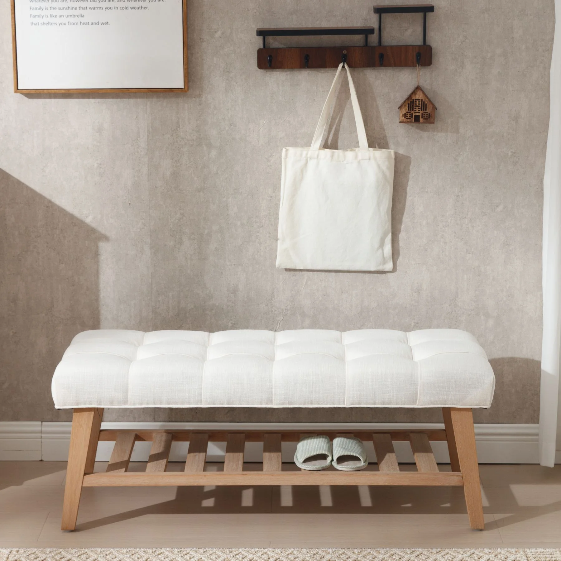Dayalane Upholstered Storage Bench with Shoe Rack,Linen Fabric Entryway Bench for Living Room, Bedroom and Hallway, Multi Functional Ottoman with Solid Wood Shelf, Beige