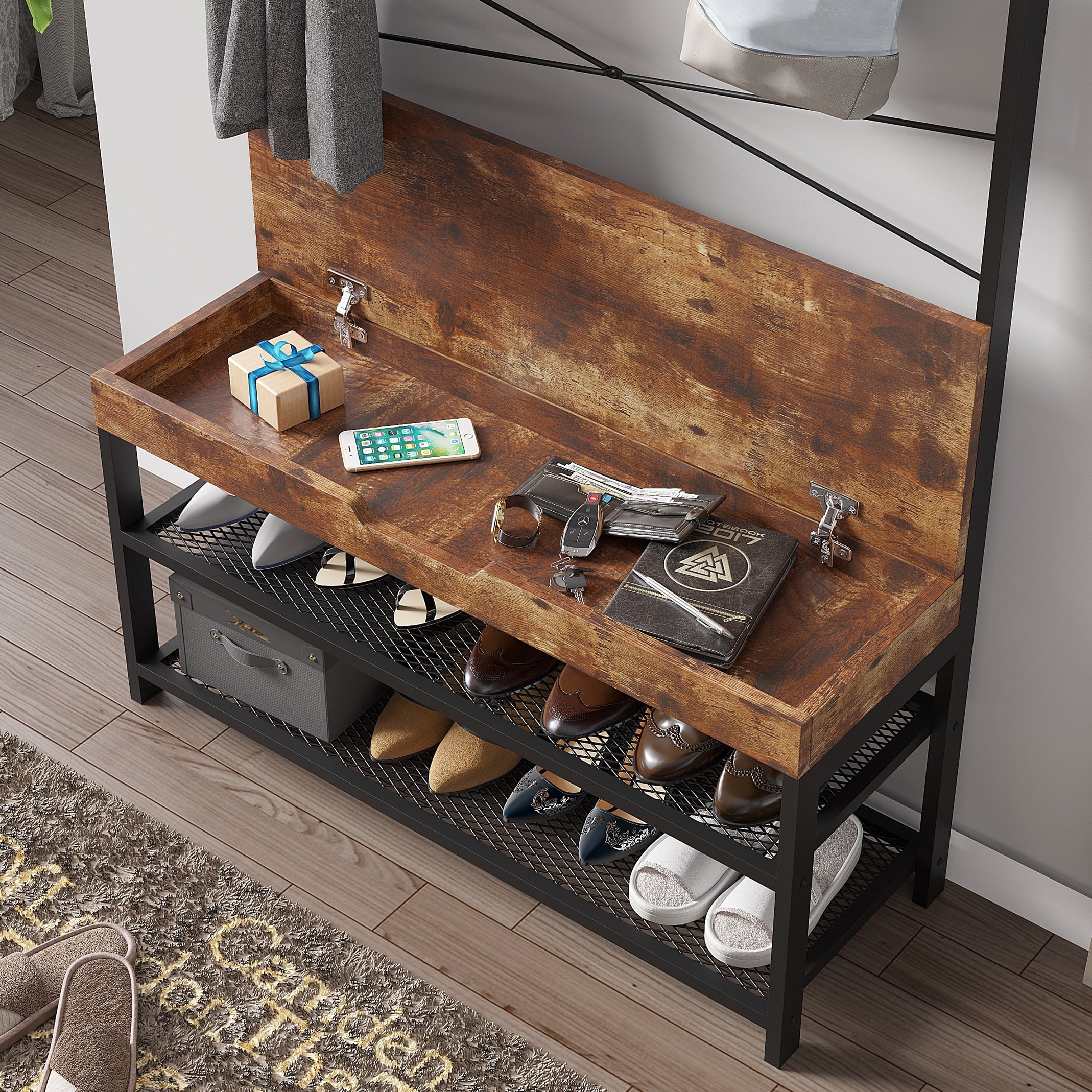 BALANBO Hall Tree Shoe Bench Entryway Coat Rack with Hanging Hooks Shoes Rack Storage Shelf (Wood)