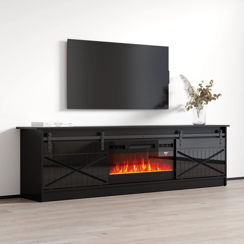 Granero BL-EF Fireplace TV Stand for TVs up to 90", Modern High Gloss 79" Entertainment Center, Electric Fireplace TV Media Console with Storage Cabinets