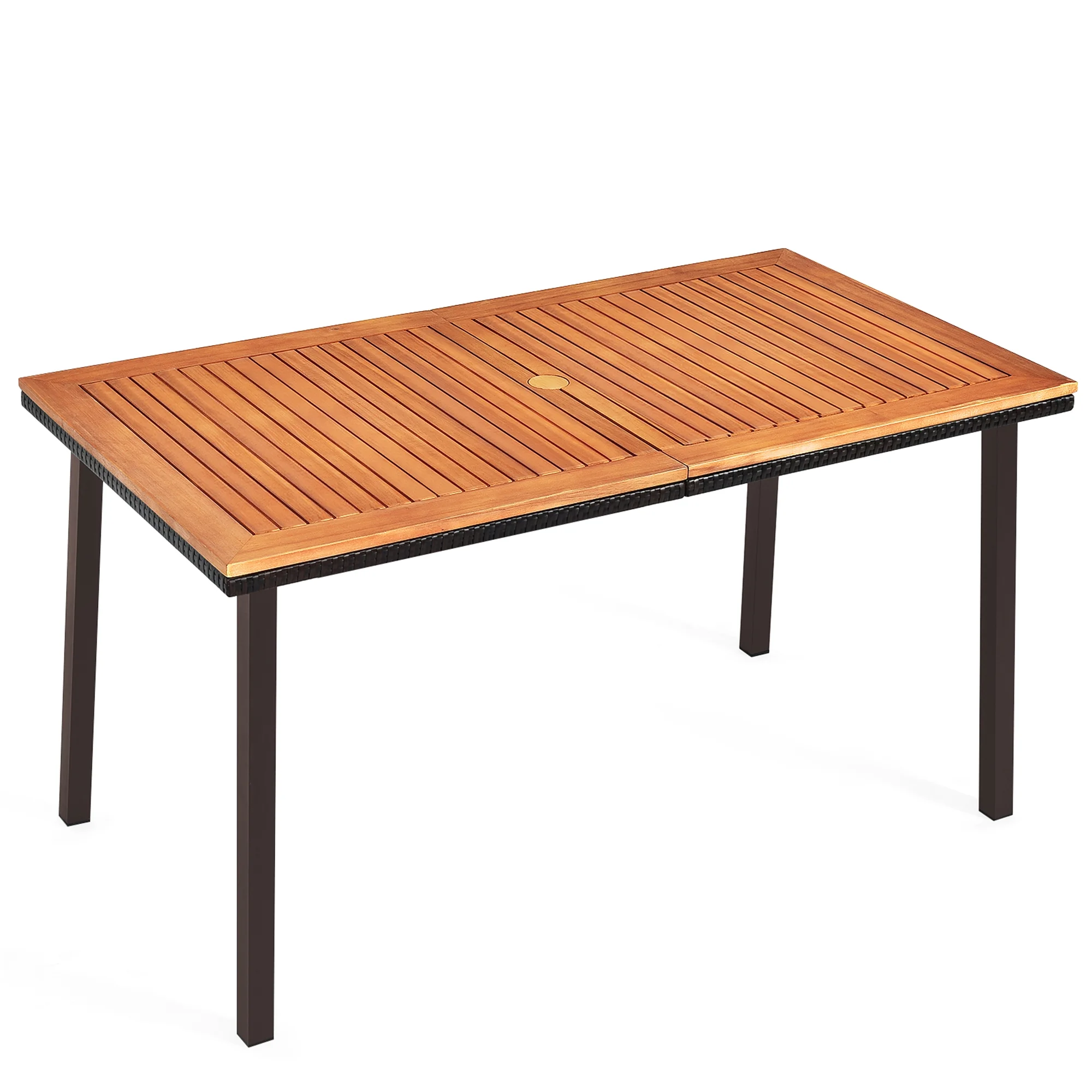 Gymax Rectangle Patio Outdoor Dining Table Acacia Wood Tabletop w/ 2'' Umbrella Hole