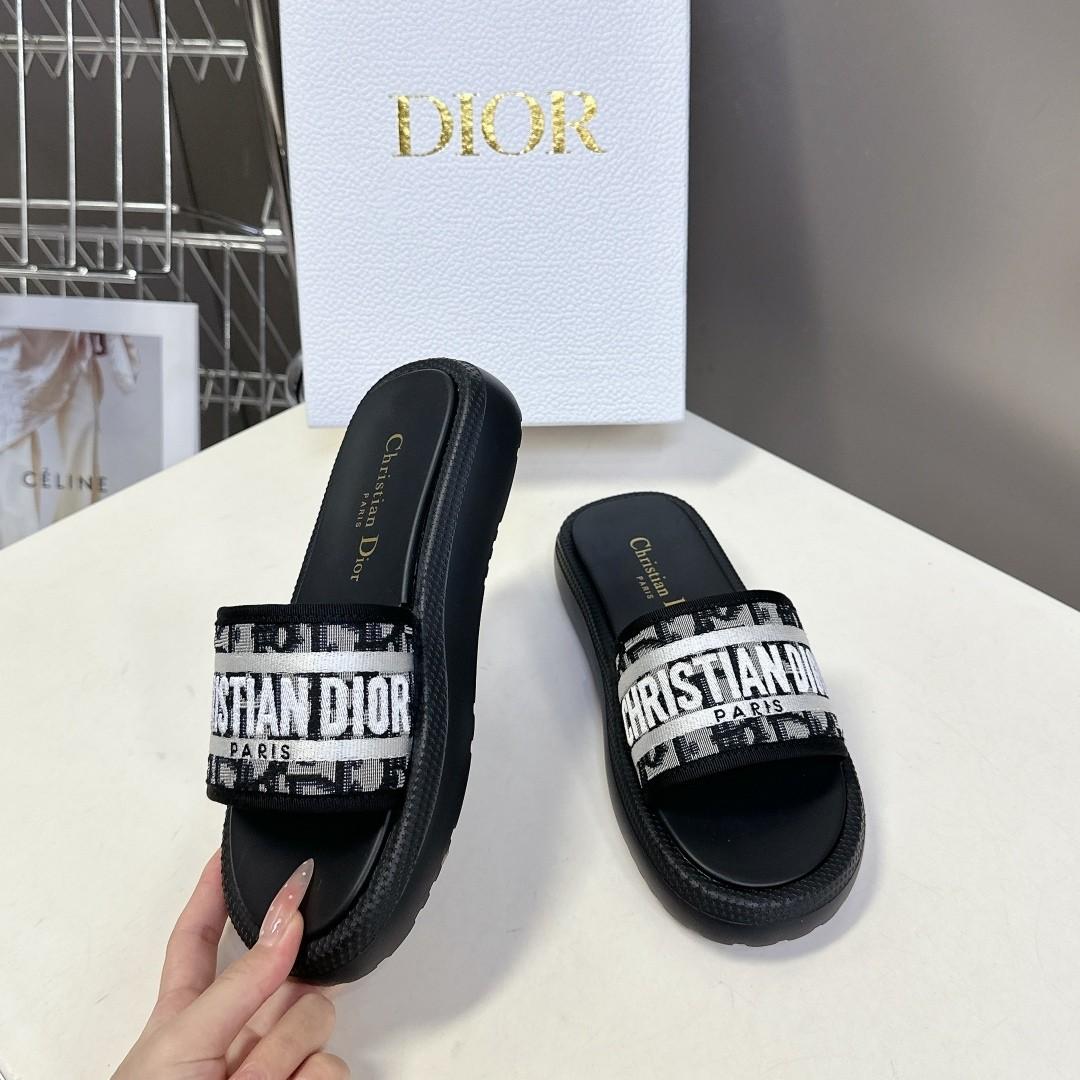 Dior D-Way Oblique Christian Dior Paris Embroidered Leather Piping Platform Slipper