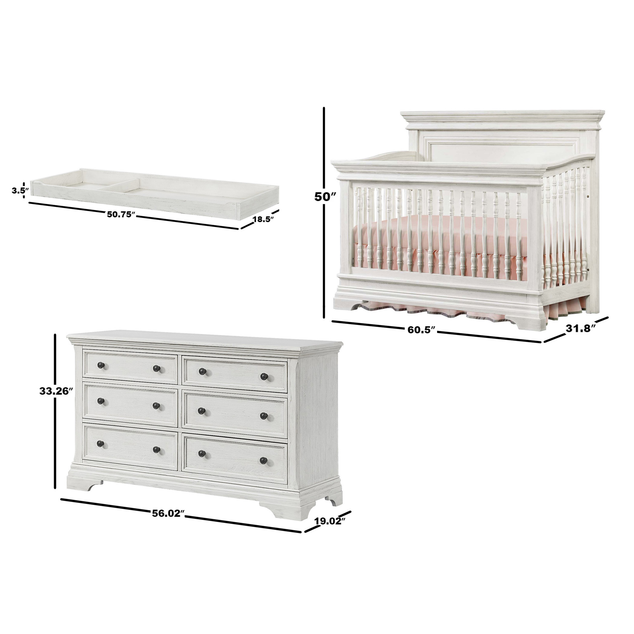 Imagio Baby Ashley 3-piece Crib Set, w/ Dresser and Chifferobe, Brushed White