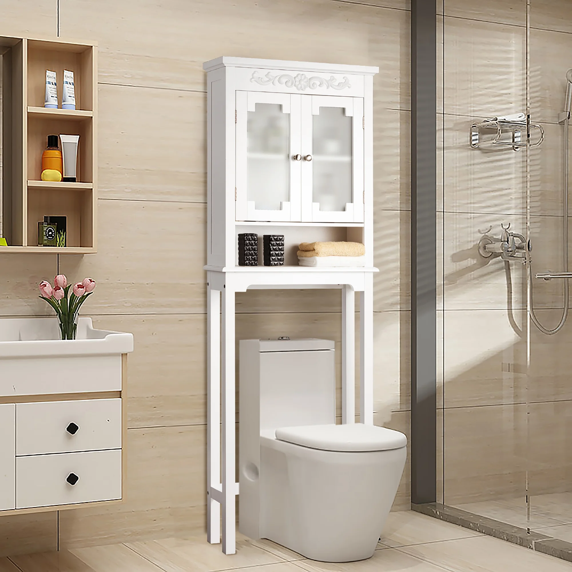 Costway Over The Toilet Bathroom Space Saver Carved Top Toilet Rack w/ Adjustable Shelf