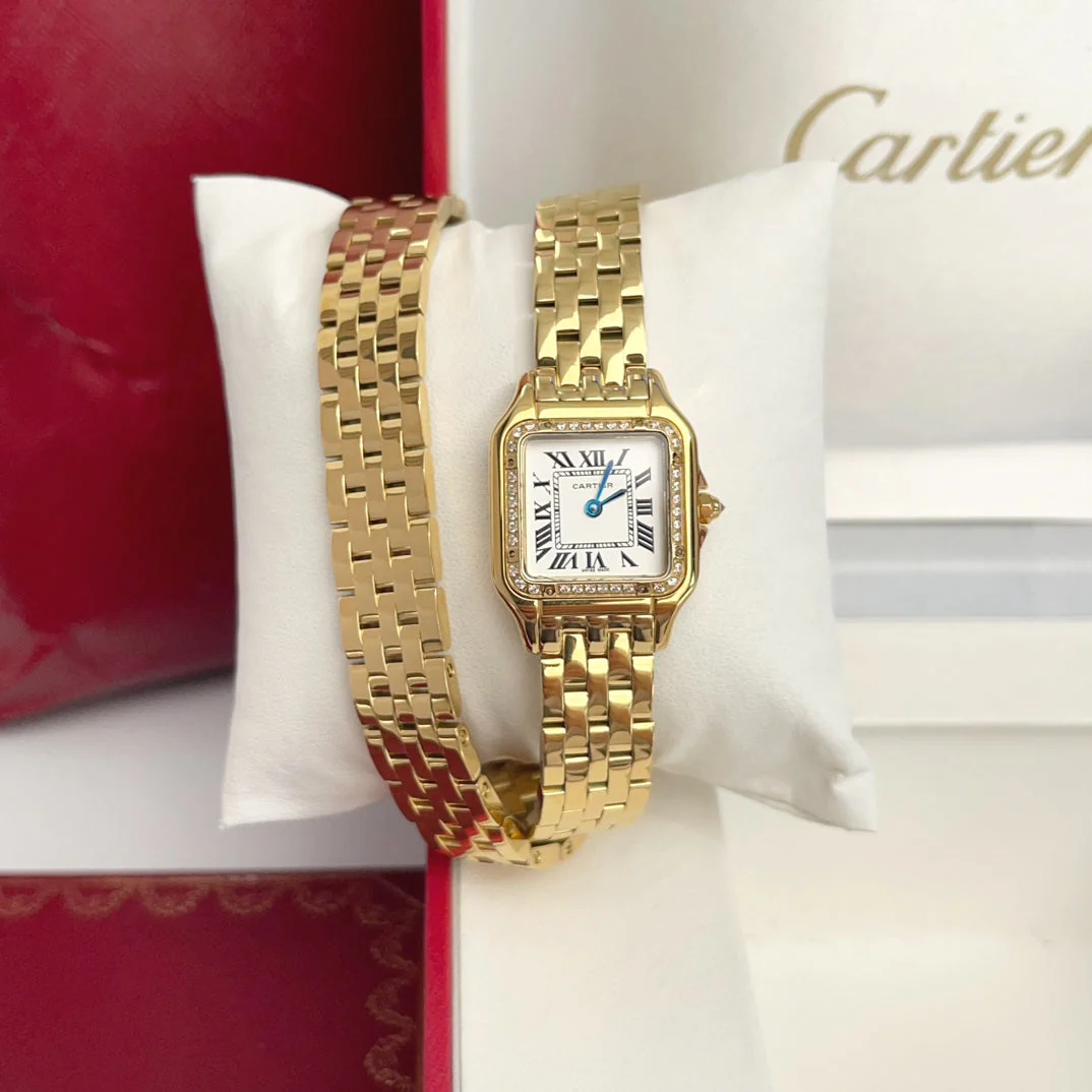 Cartier Watch Panthere 22mm Gold Diamond Bezel Double Chain 44cm