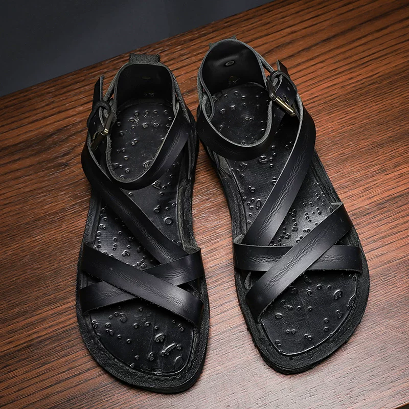 Handmade retro vegetable tanned cowhide woven hollow sandals