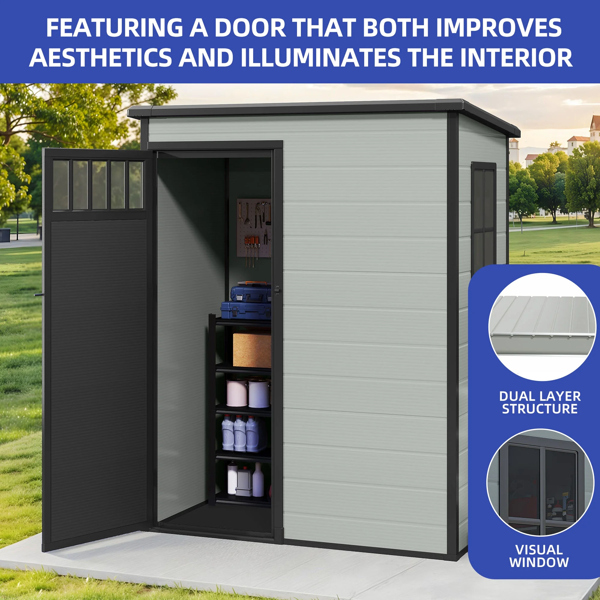 ModFusion 4.62.66.3 ft Resin Storage Shed with Window, Floor, Plastic Roof, Storage Cabinets for Brooms Vacuum Cleaners fits 65 to 68 inches, Winter Gear Box, Black