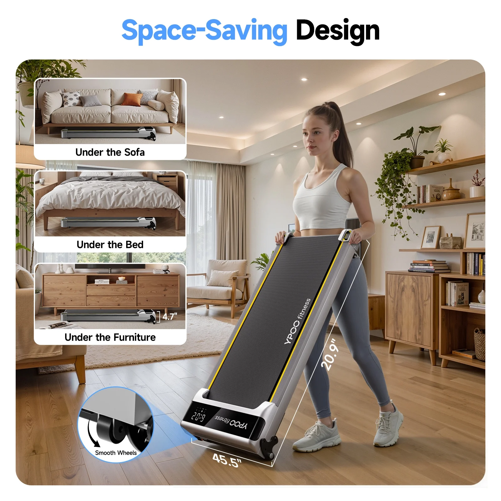 YPOO Walking Pad with Incline, Under Desk Treadmill for Home, 300 lb Capacity, App & Remote Control, 2.5HP Running Machine, No Installation, Silver
