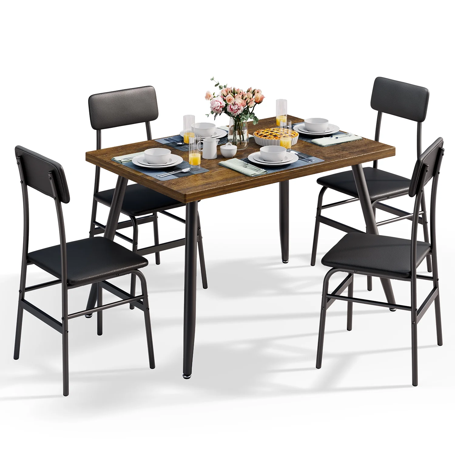 Aiho 5-Piece Modern Dining Set, Metal & Wood Table & 4 Chairs, Space-Saving for Small Spaces & Apartments, Retro