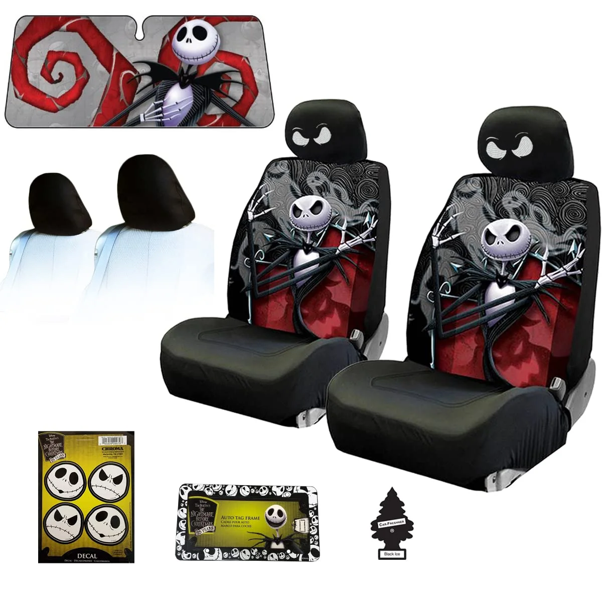 Yupbizauto New Plasticolor Nightmare Before Christmas Jack Skellington Ghostly Car Truck SUV Seat Covers Sunshade Headrest Covers Bundle Set