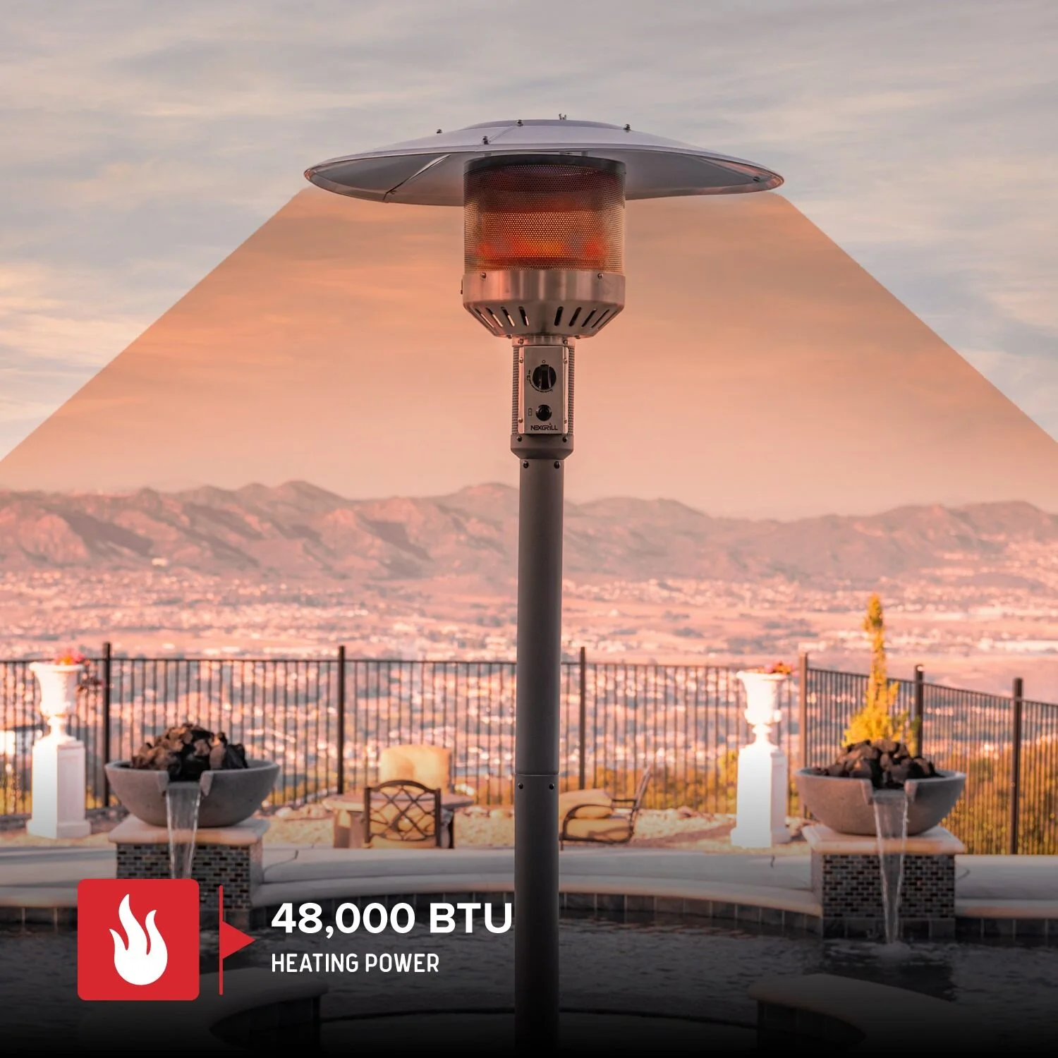 Nexgrill Sundara 92" Bronze Outdoor Patio Heater, 48,000 BTUs, 2 Wheel Transport, Electronic Ignition, Easy Tank Access, Control Knob, Propane Heater for Porch, Garden, Backyard - 920-01002