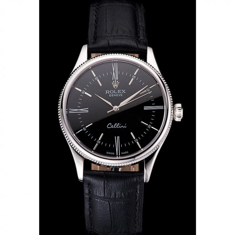 Swiss Rolex Cellini Black Dial Roman Numerals Stainless Steel Case Black Leather Strap