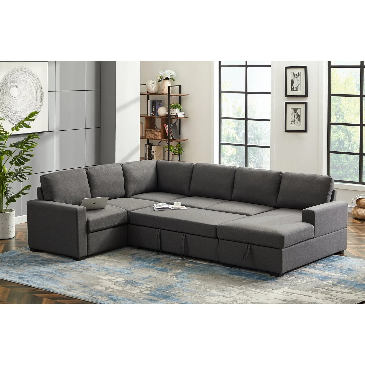 Devion Furniture 115.5" Wide Fabric Linen Left Hand Facing Sectional Sleeper Sofa Bed&Couch-Gray