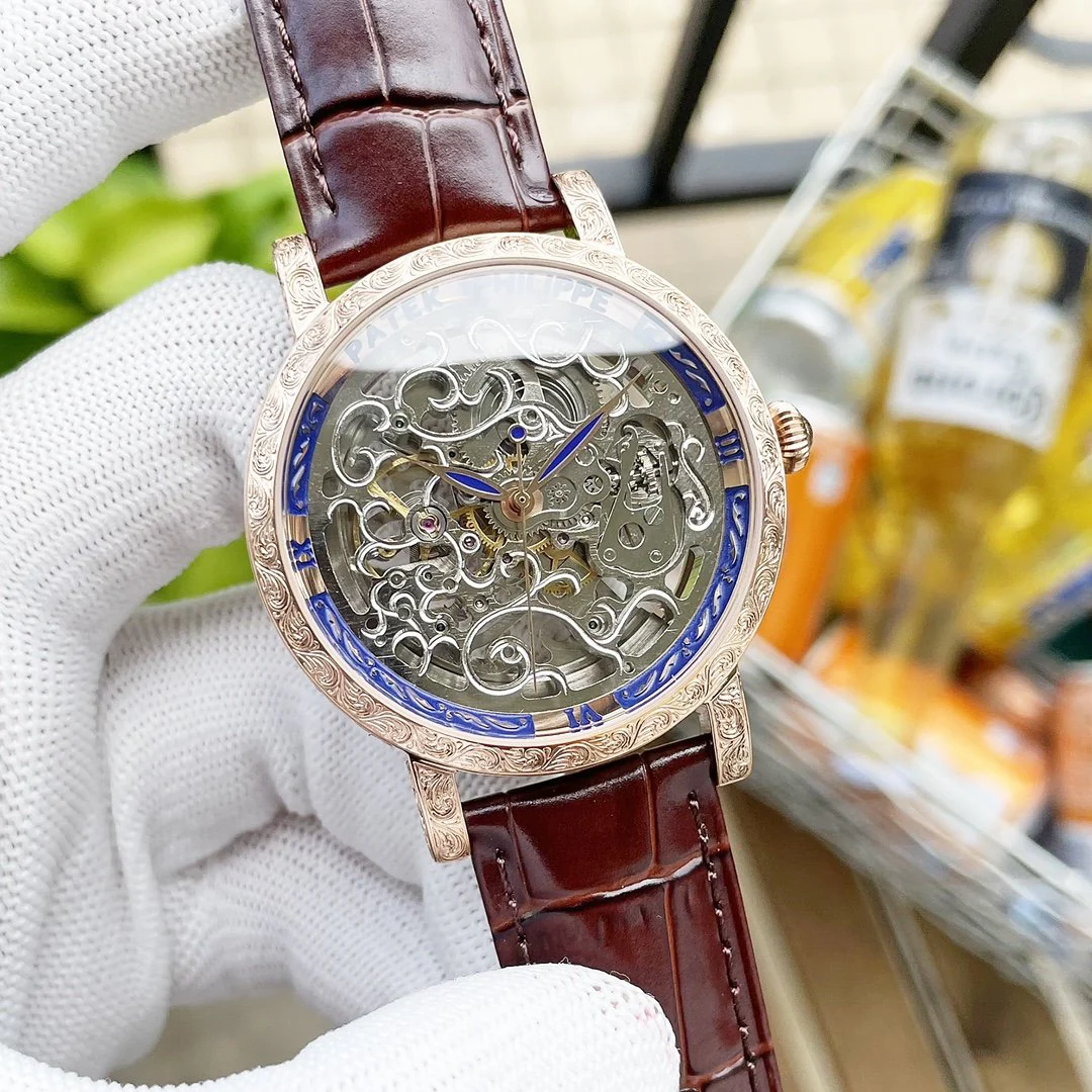 Patek Watch CALATRAVA SKELETON ENGRAVED HAND LEATHER STRAP Watch