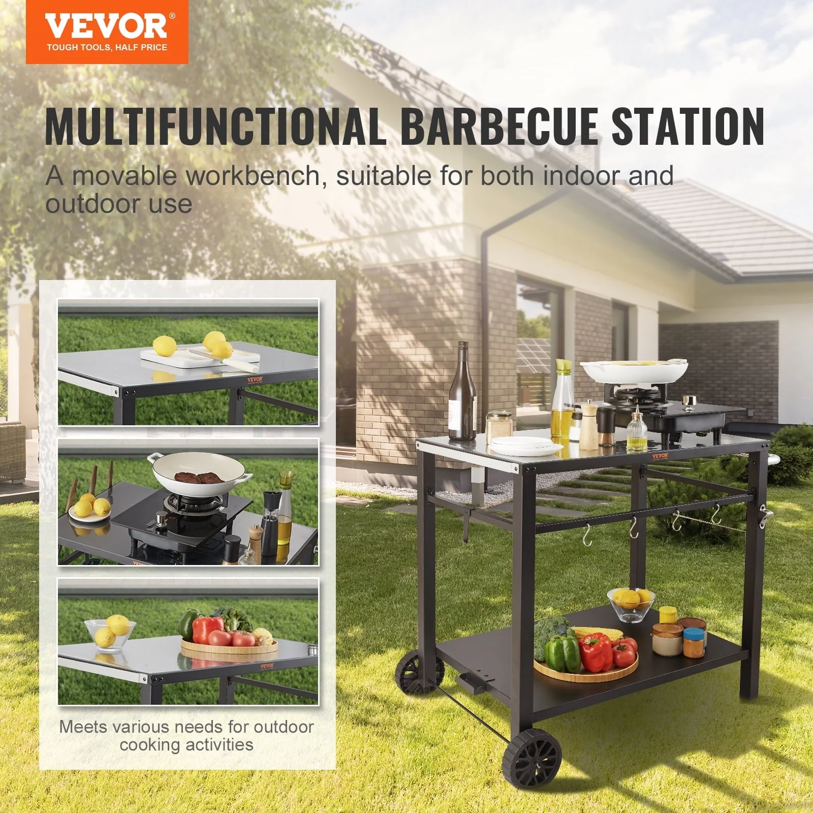 BENTISM Outdoor Grill Dining Cart Double-Shelf BBQ Movable Food Prep Trolley Patio