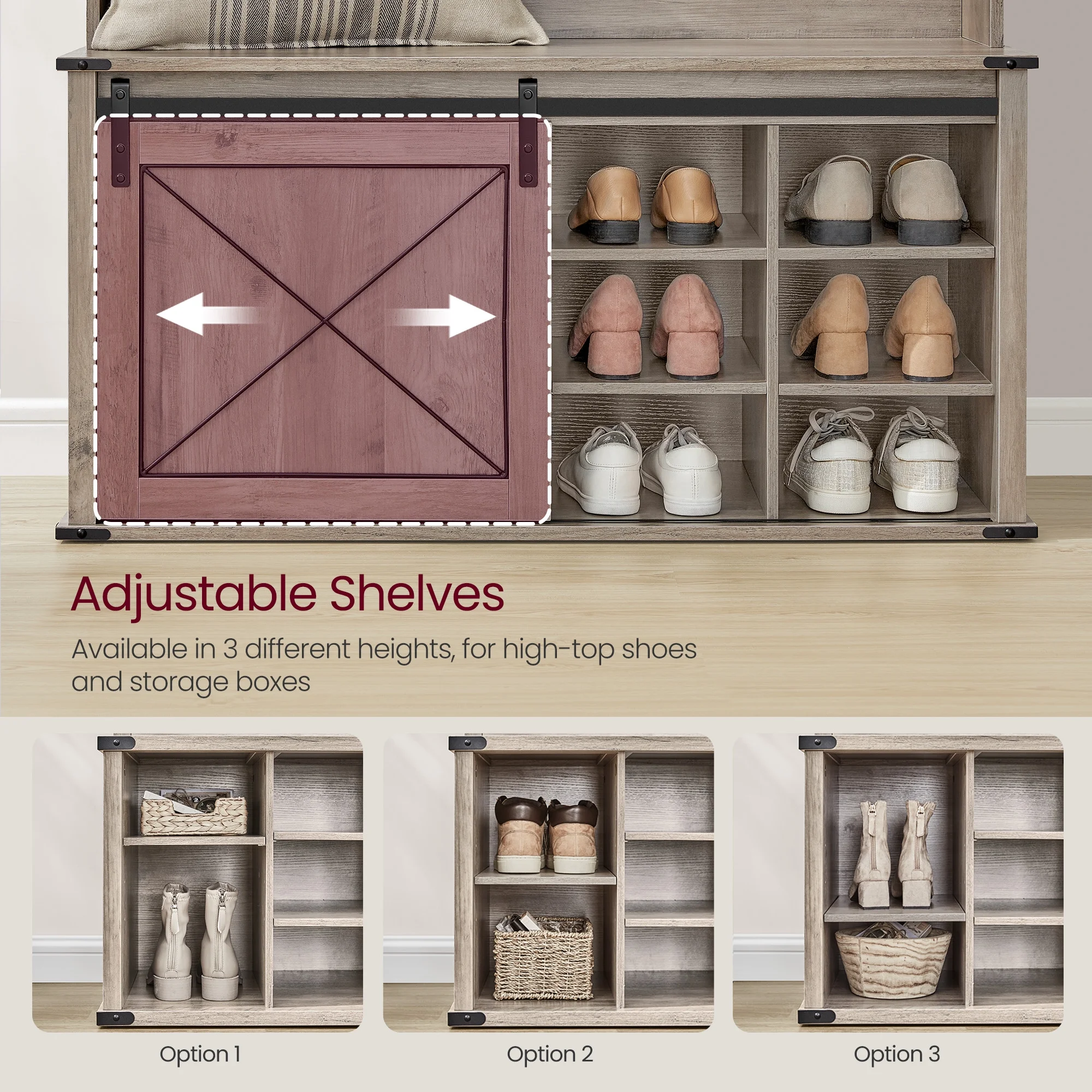 Hall Tree, Coat Rack with Shoe Bench, Entryway Furniture, Tri-Hooks, Rustic White and Honey Brown