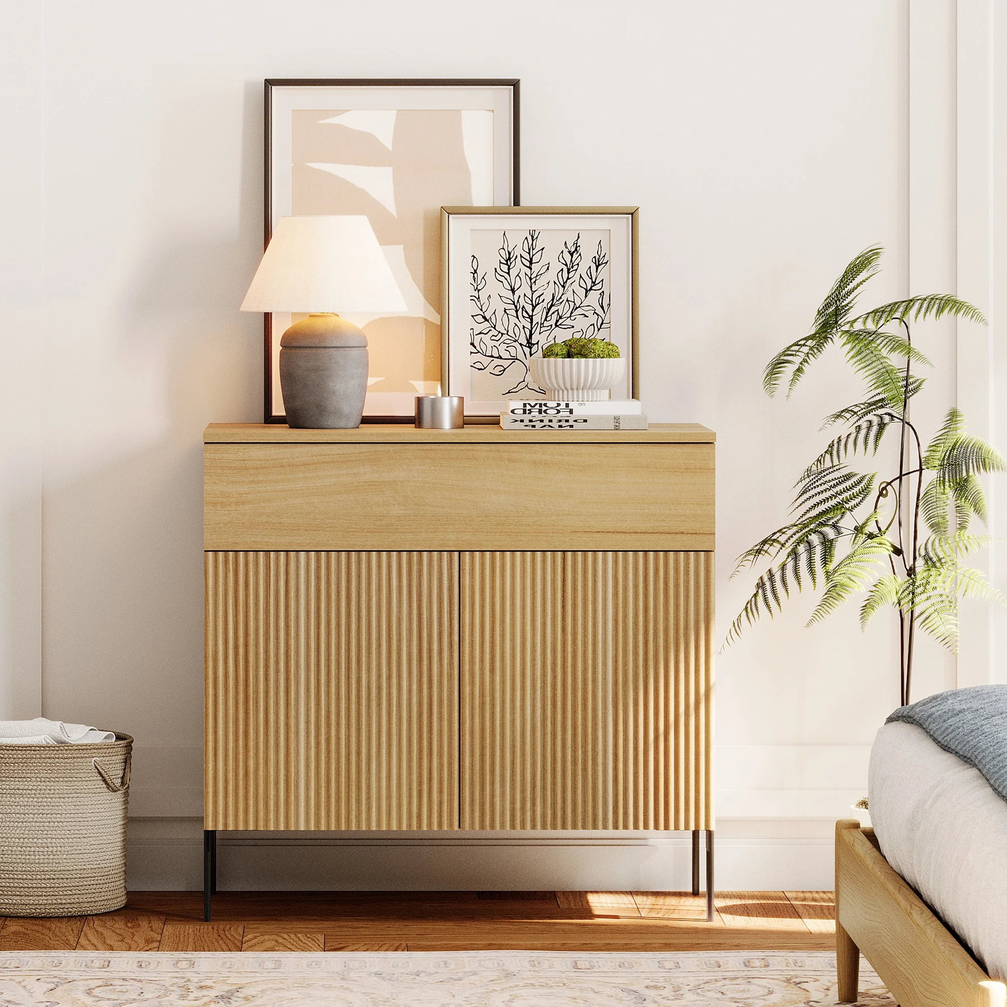 Modern Minimalist Wood Nightstand with 3 Drawers ,31.5" Large End Table,Reeded Design Bedside Table for Bedroom, Living Room,Entryway