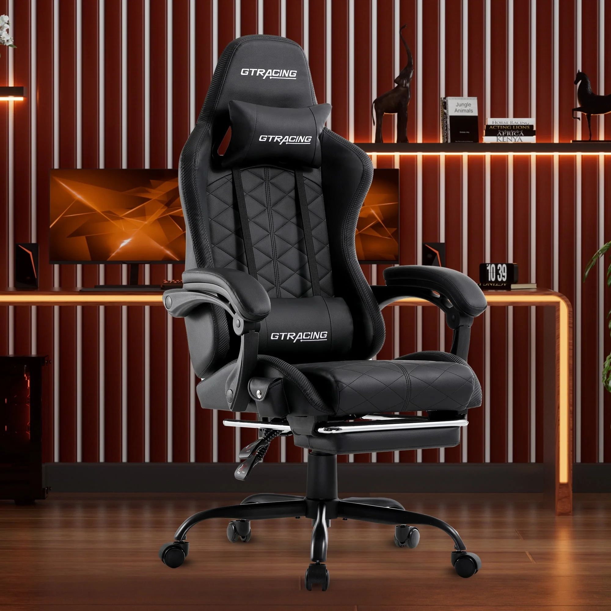 GTRACING GTW-100 Reclining Office Gaming Chair with Bluetooth Speakers and Footrest, Black