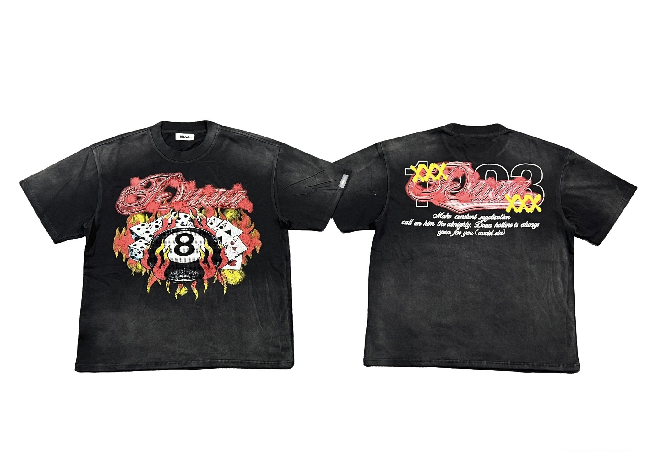 European and American latest fashion brand short-sleeved T-shirt with rhinestone, washed and aged