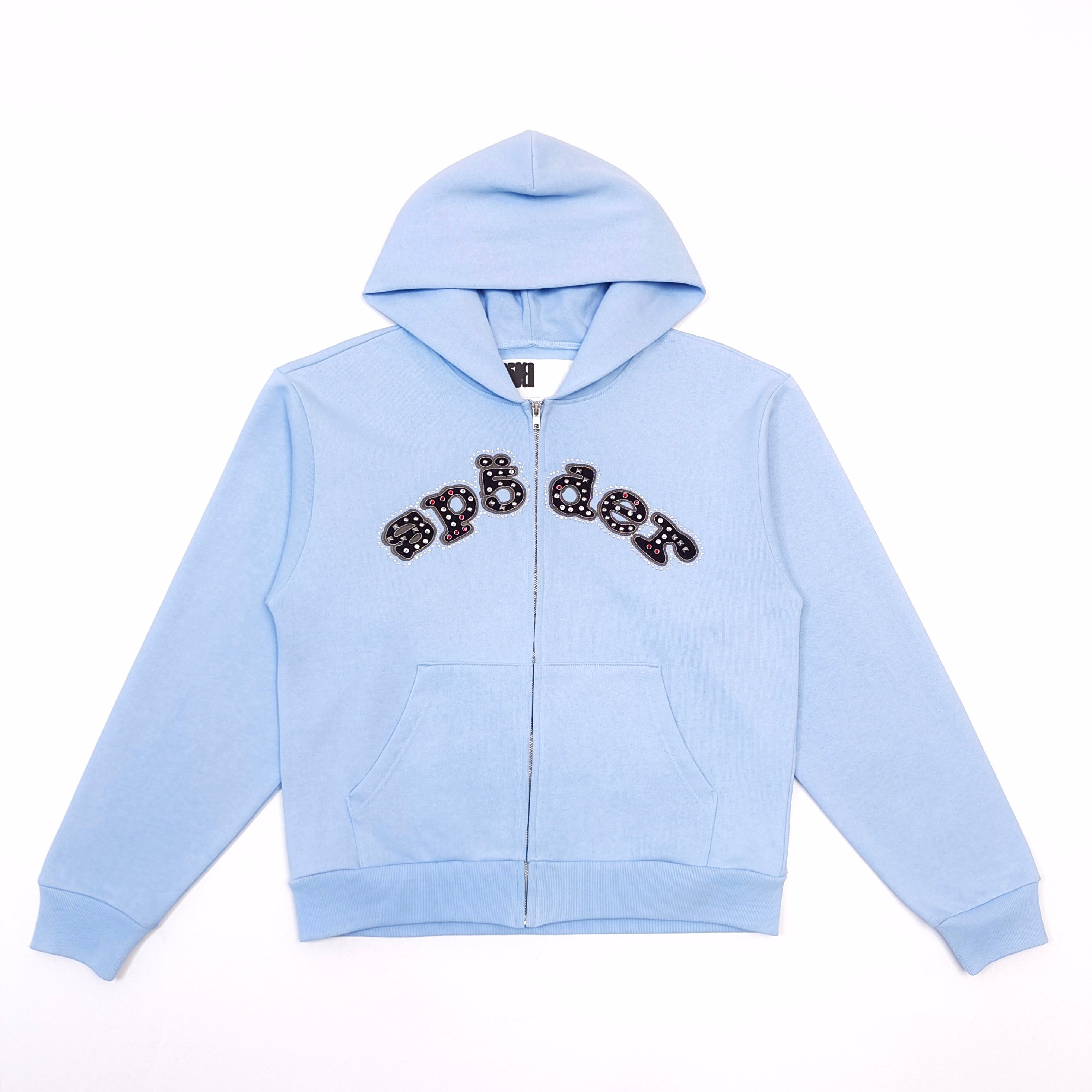 1：1  SP mixed-stitch diamond-letter light blue zipper hoodie