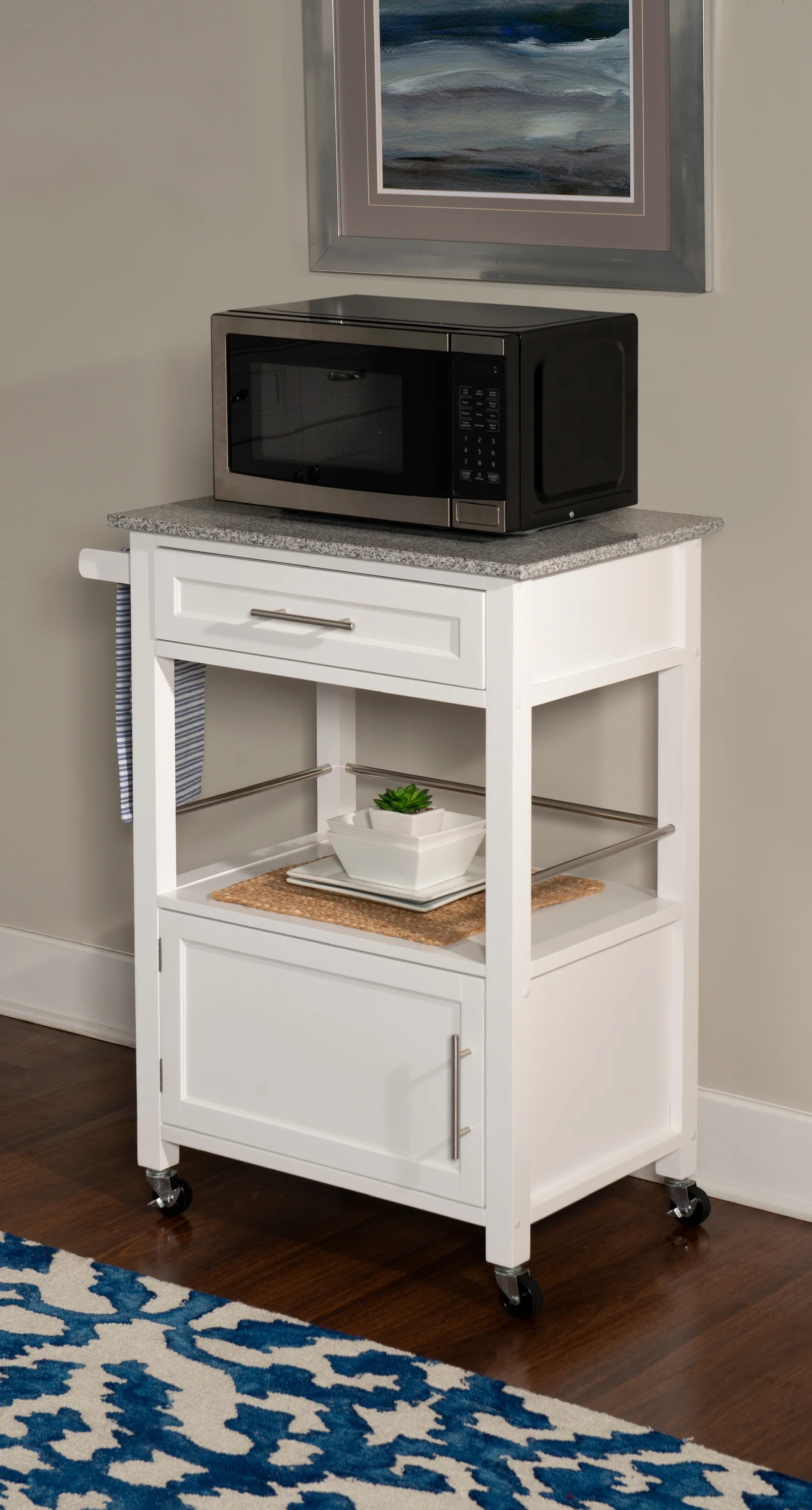 Linon Monett 2-Tier Mobile Serving Cart with Gray Granite Top, 27.75" Length, White