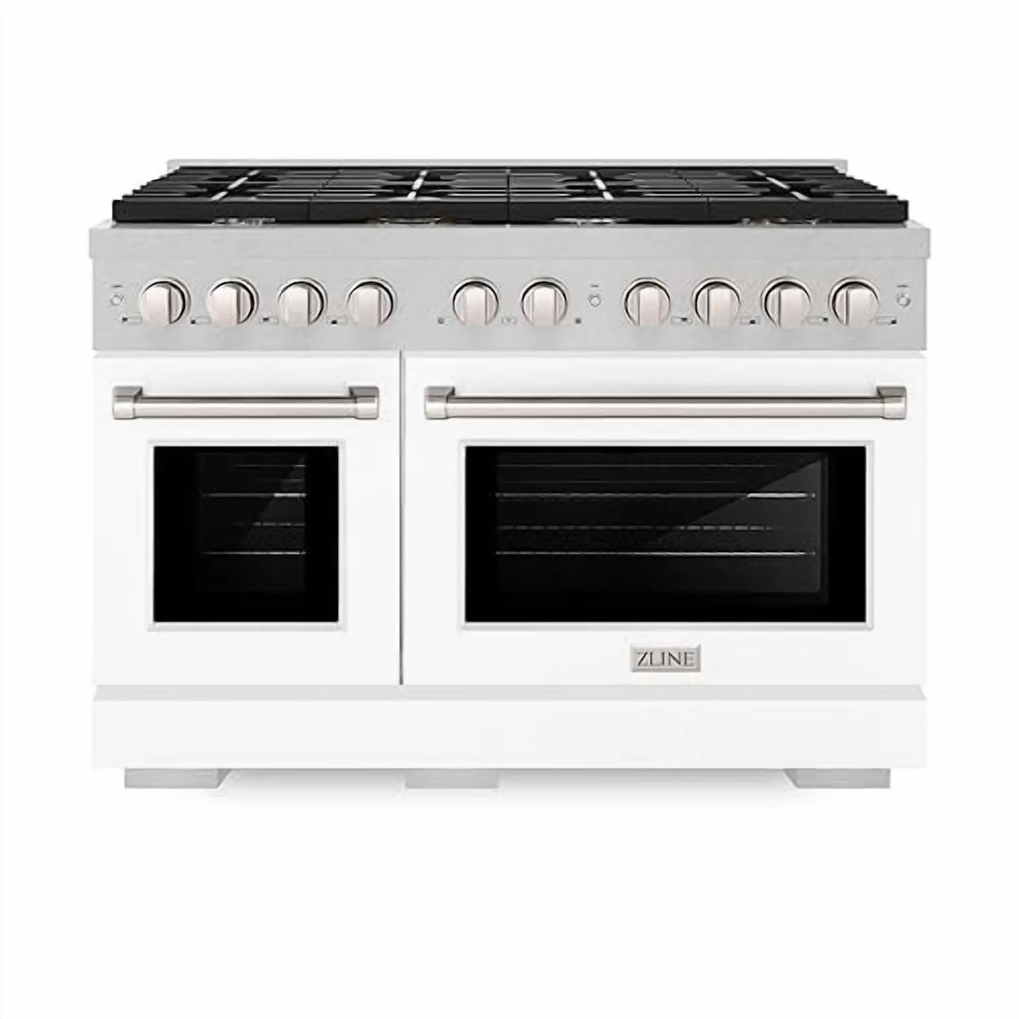 ZLINE 48 in. 6.7 cu. ft. Paramount Double Oven Gas Range with 8 Burner Cooktop in DuraSnow Stainless Steel with White Matte Doors (SGRS-WM-48)