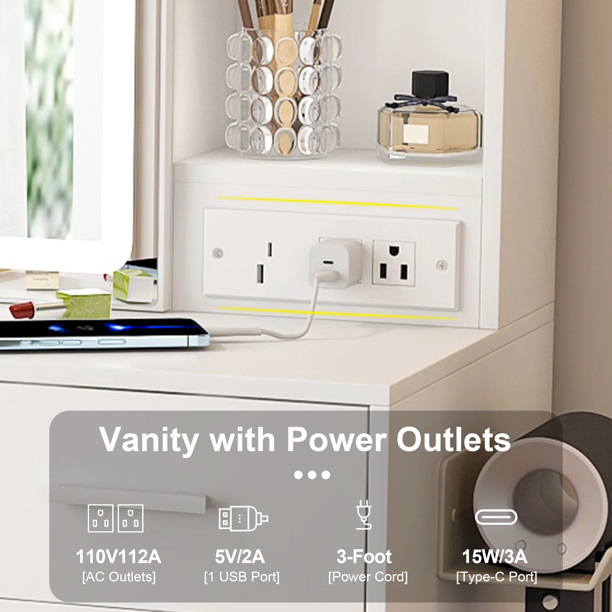 Aukfa Makeup Vanity Set with Power Outlet, Mirror & Adjustable LED Lights for Small Bedroom,White