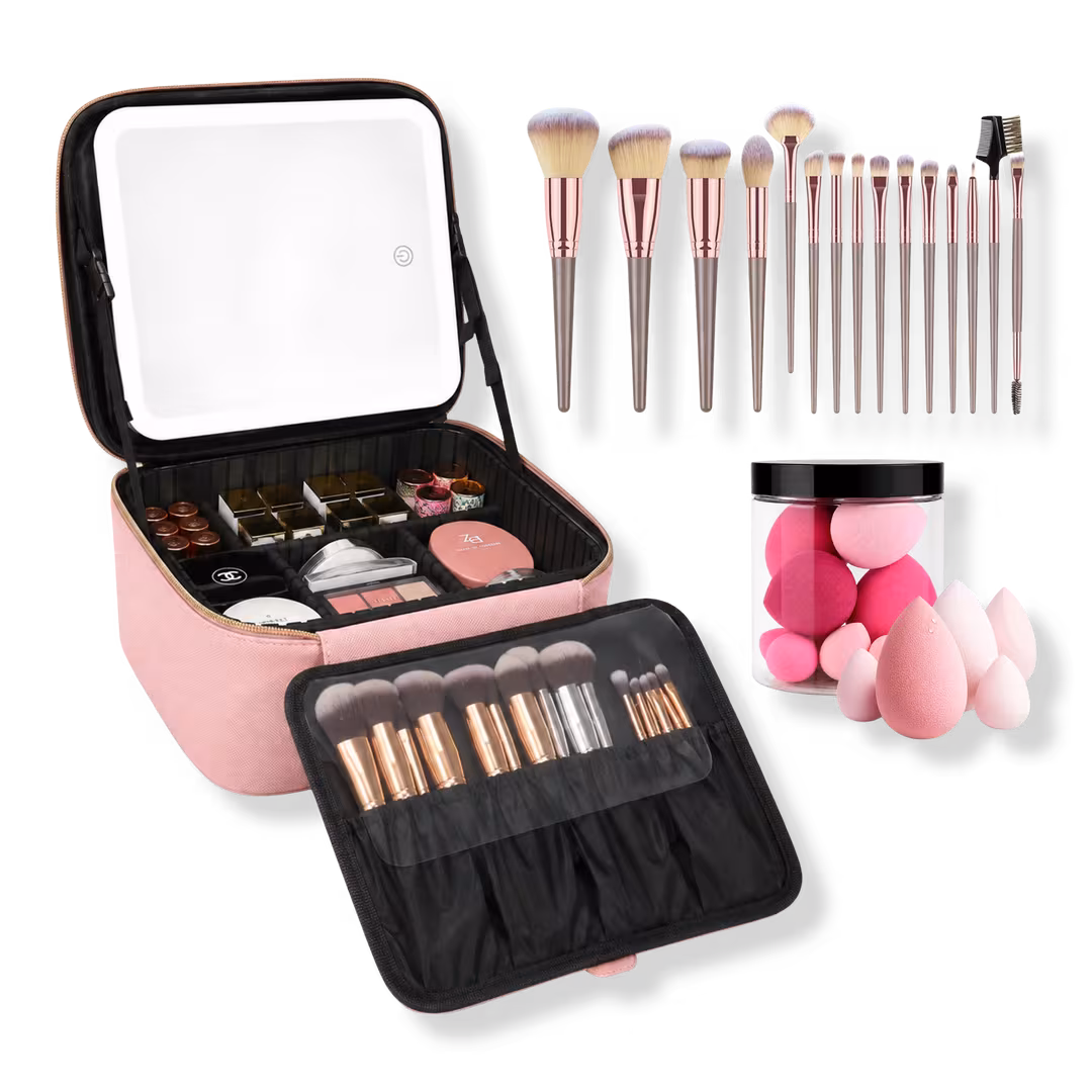 CosmoGlo  Makeup Case with Brush & Beauty Sponge Set